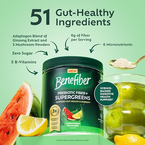 Benefiber Prebiotic Fiber + Supergreens Dietary Supplement Powder, Watermelon Lemonade Flavor, 8.8 oz (250g)