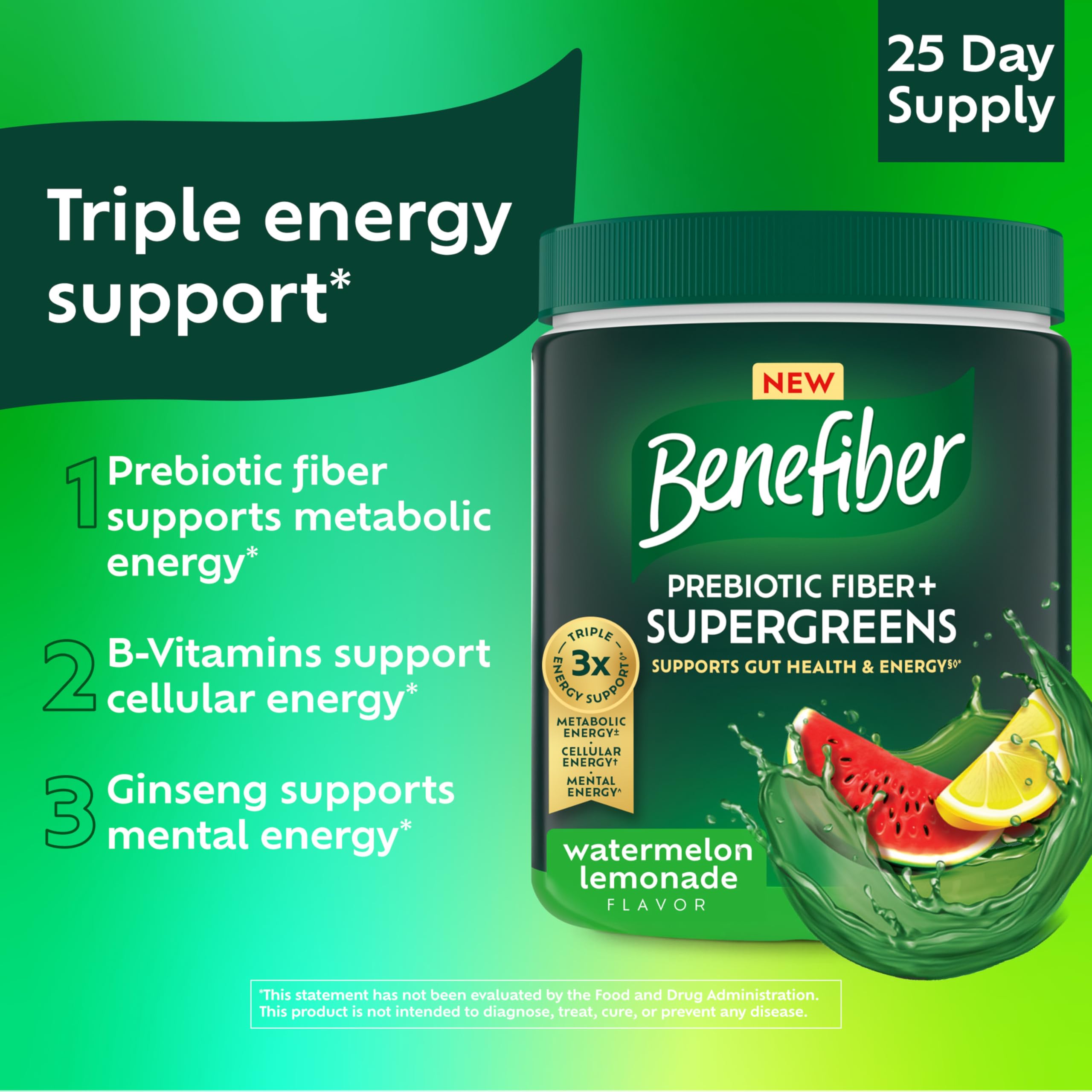 Benefiber Prebiotic Fiber + Supergreens Dietary Supplement Powder, Watermelon Lemonade Flavor, 8.8 oz (250g)