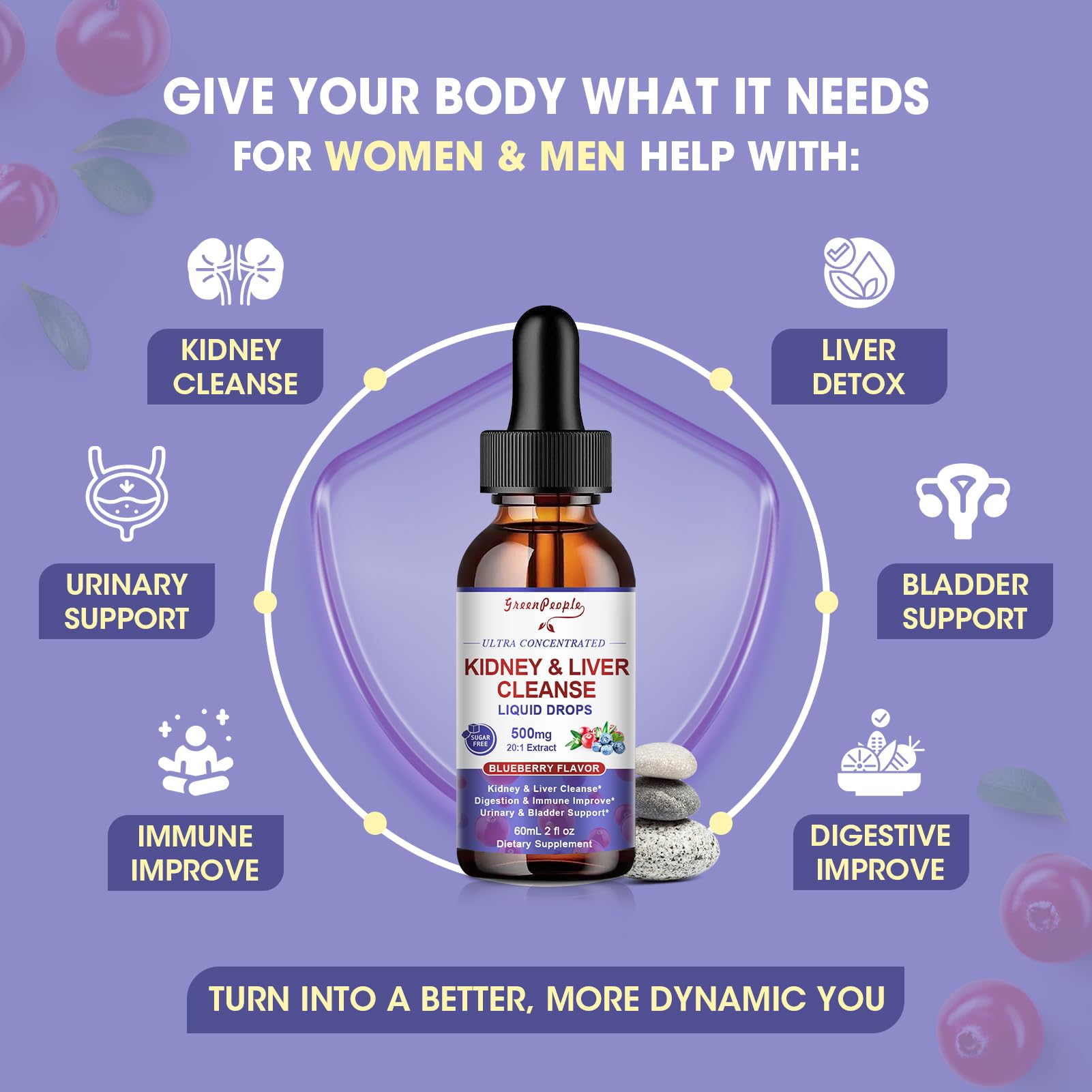 GREENPEOPLE Kidney Cleanse Detox & Repair - 27-In-1 Kidney & Liver Drops with 20:1 Cranberry Extract & Chanca Piedra, Alcohol-Free Supplement for Urinary Tract & Liver Support (2 Oz 2 Pack, Blueberry)