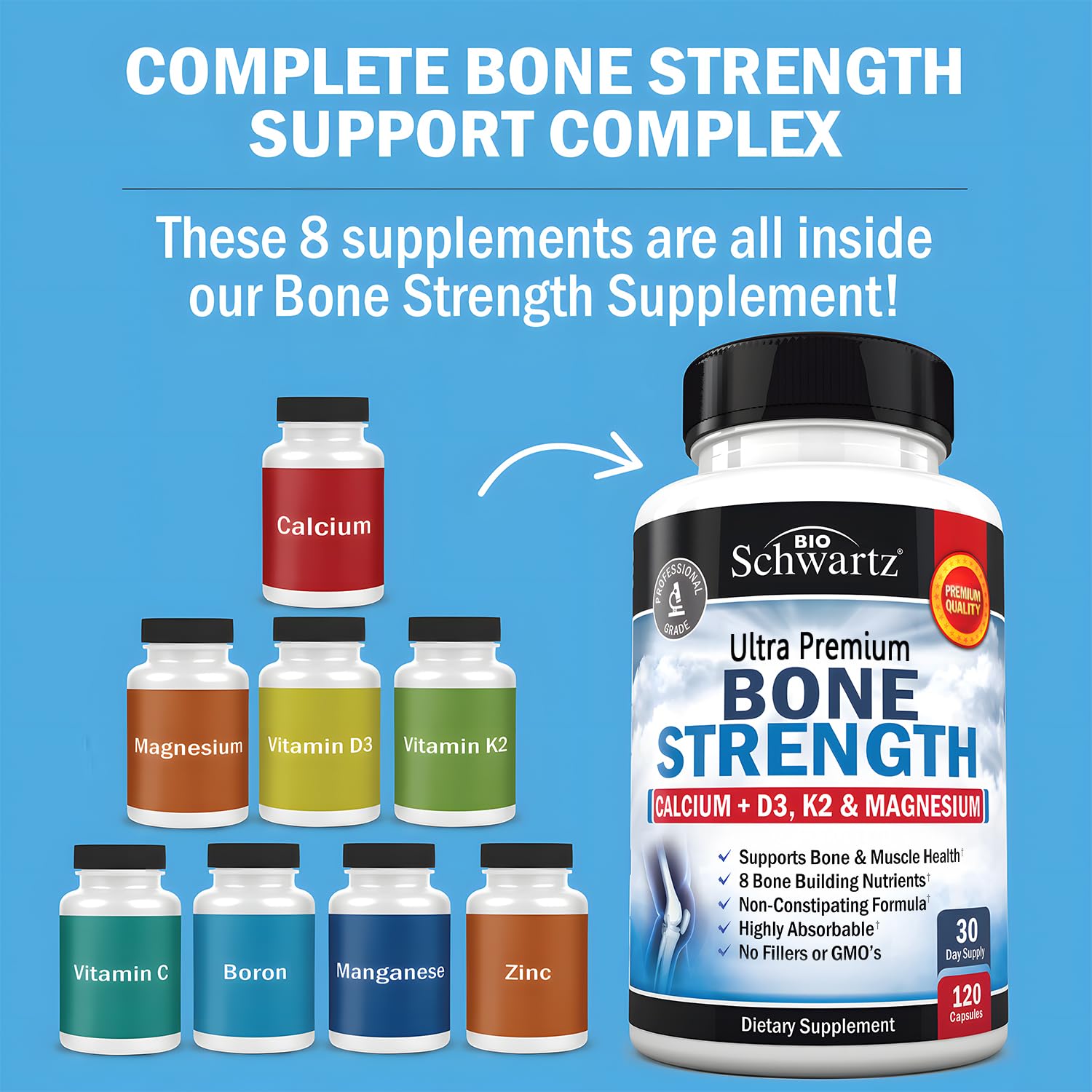 BioSchwartz Bone Strength Supplement - Gentle Non-Constipating Bone Health Supplement for Women & Men with 9-in-1 Complex with Calcium Magnesium Zinc D3 K2 & More - 3rd Party Tested - 1 Month