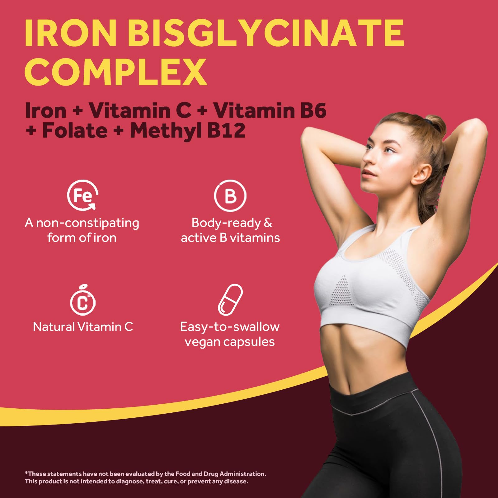 Doctor's Recipes Iron Supplement, Iron Bisglycinate with Vitamin C, B6, Folate & B12, Non-Constipating, Stomach Friendly, Gentle Iron Pills, 60 Vegan Caps