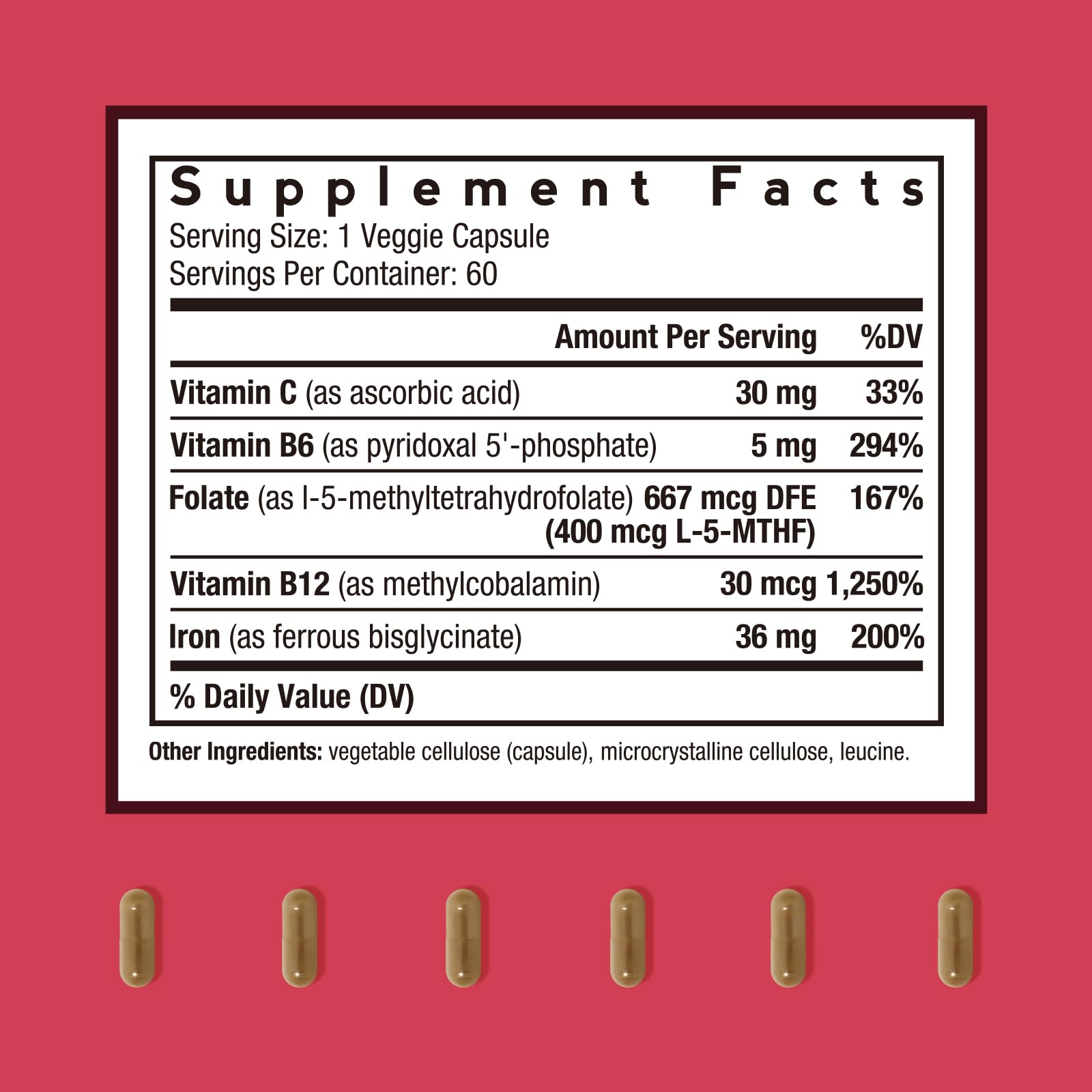 Doctor's Recipes Iron Supplement, Iron Bisglycinate with Vitamin C, B6, Folate & B12, Non-Constipating, Stomach Friendly, Gentle Iron Pills, 60 Vegan Caps