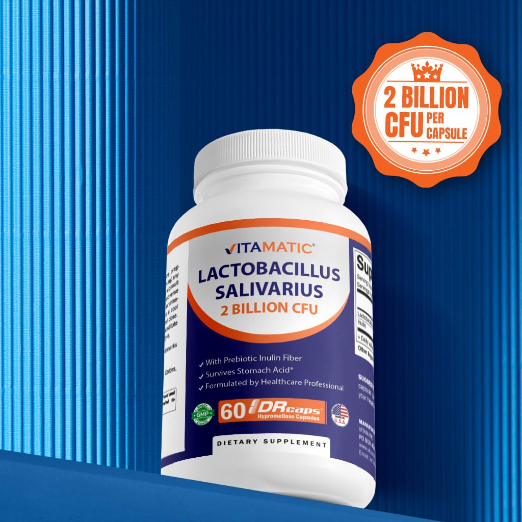 Vitamatic Lactobacillus Salivarius 2 Billion per DR Capsule - 60 Count - Digestive Support - Made with Prebiotic Inulin Fiber (2 Bottles)
