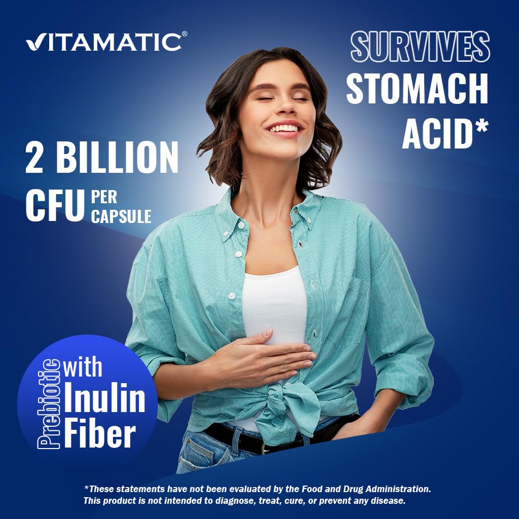 Vitamatic Lactobacillus Salivarius 2 Billion per DR Capsule - 60 Count - Digestive Support - Made with Prebiotic Inulin Fiber (2 Bottles)
