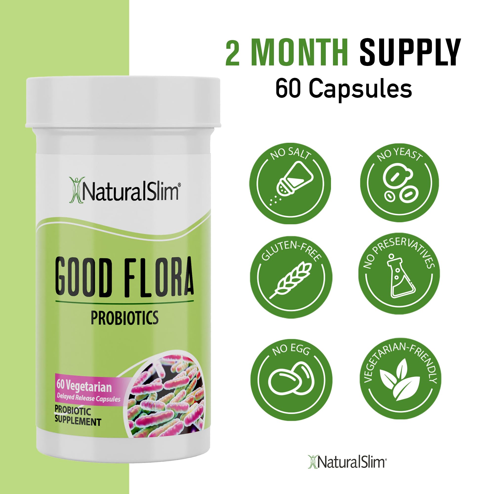 NaturalSlim Good Flora, Probiotics for Women & Men - Gut Health Supplements with 7 Powerful Strains for De-Bloating & Vitality - Probiotics for Digestive Health, 60 Vegetarian Capsules, Solo