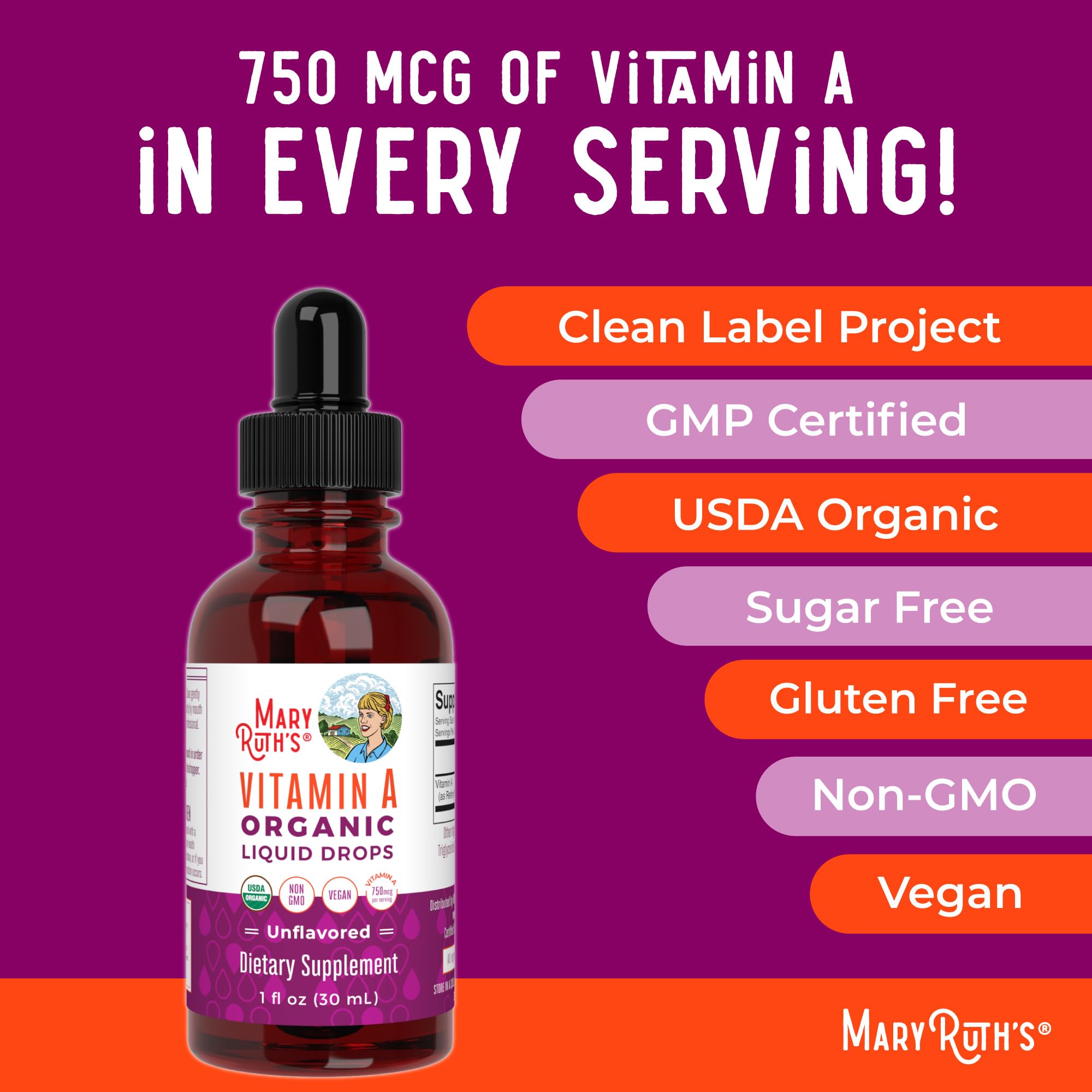 MaryRuth Organics USDA Organic Vitamin A Liquid Drops | 3 Month Supply | Bone Health for Ages 14+ | Essential Vitamin | 750mcg per Serving | Sugar Free | Vegan | Non-GMO | Gluten Free | 1oz