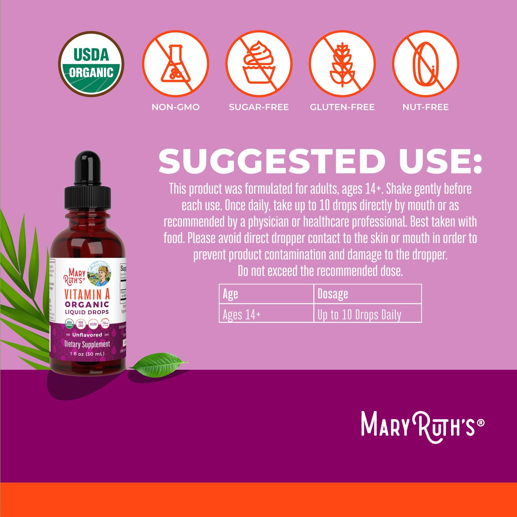 MaryRuth Organics USDA Organic Vitamin A Liquid Drops | 3 Month Supply | Bone Health for Ages 14+ | Essential Vitamin | 750mcg per Serving | Sugar Free | Vegan | Non-GMO | Gluten Free | 1oz