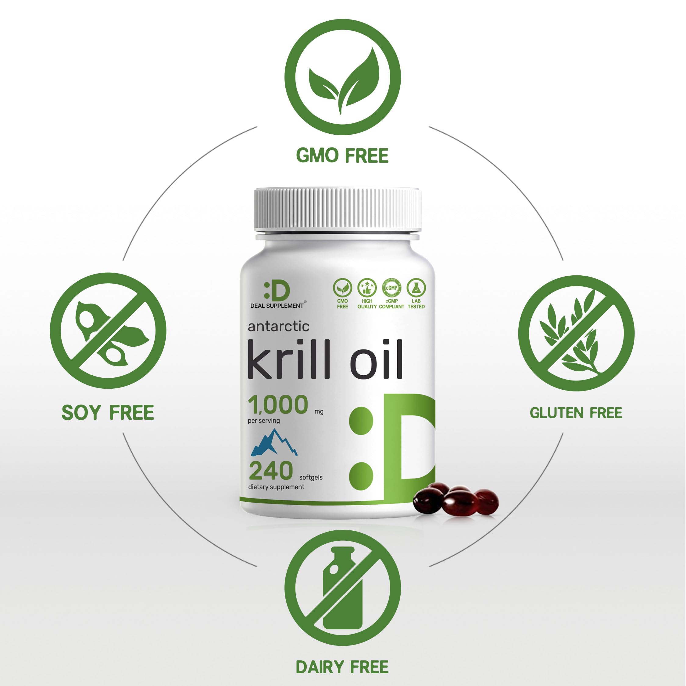 DEAL SUPPLEMENT Antarctic Krill Oil, 1,000mg Per Serving, 240 Softgels – Mercury Free, No Fishy Taste – Rich in Omega-3s, EPA, DHA, Astaxanthin, & Phospholipids – Non-GMO, No Gluten