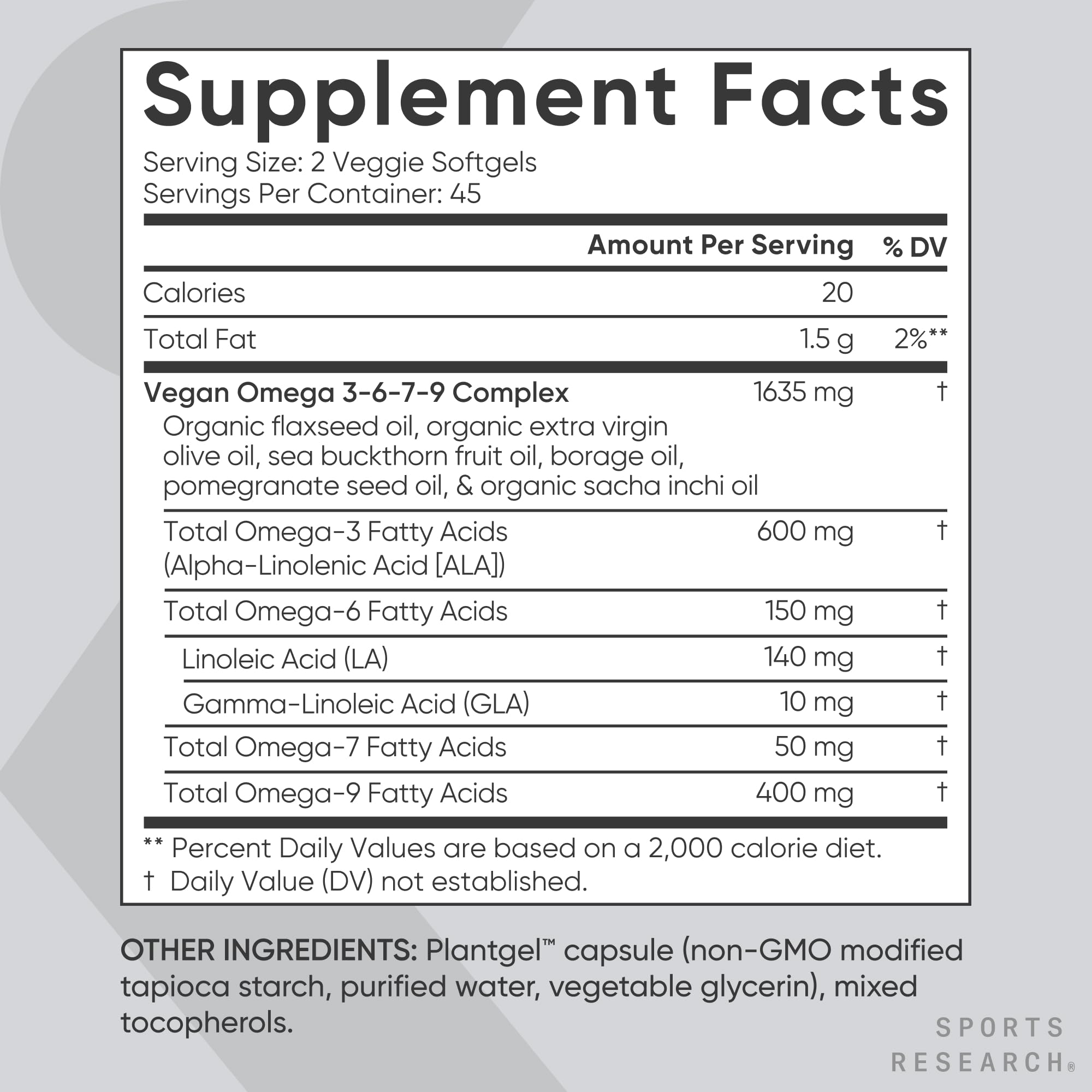 Sports Research® Vegan Omega 3-6-7-9 - 1200 mg of Multi-Spectrum Omega Fatty Acids Certified Non-GMO Formula with Sea Buckthorn & Borage Oil - 90 Veggie Softgels