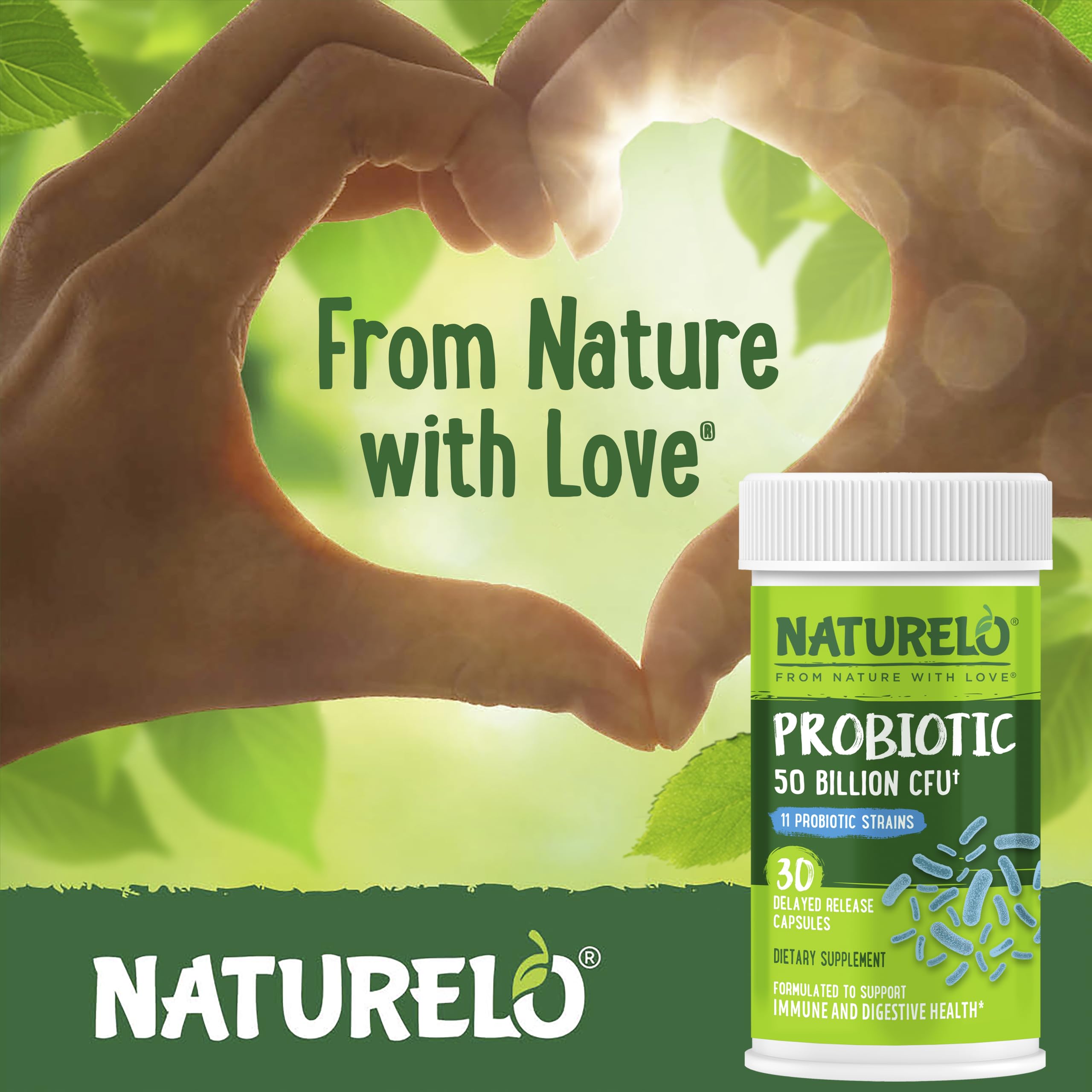 NATURELO Probiotics for Digestive Health, 50 Billion CFU, 30 Vegetarian Capsules, 11 Strains, Daily Use Supplement, Delayed Release, No-Fridge, Helps Boost Immune System, Probiotics for Women & Men