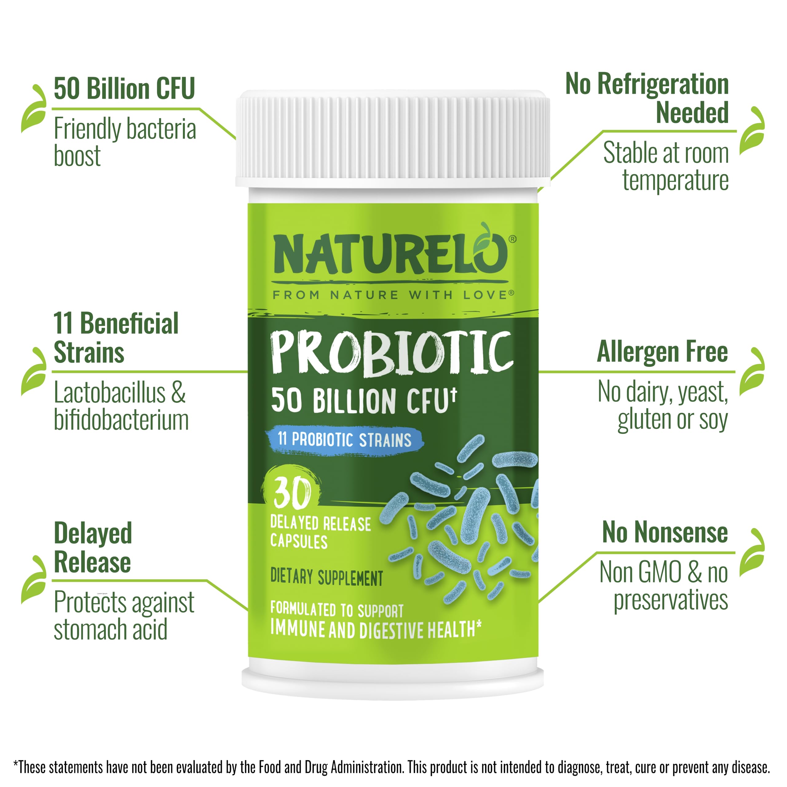 NATURELO Probiotics for Digestive Health, 50 Billion CFU, 30 Vegetarian Capsules, 11 Strains, Daily Use Supplement, Delayed Release, No-Fridge, Helps Boost Immune System, Probiotics for Women & Men