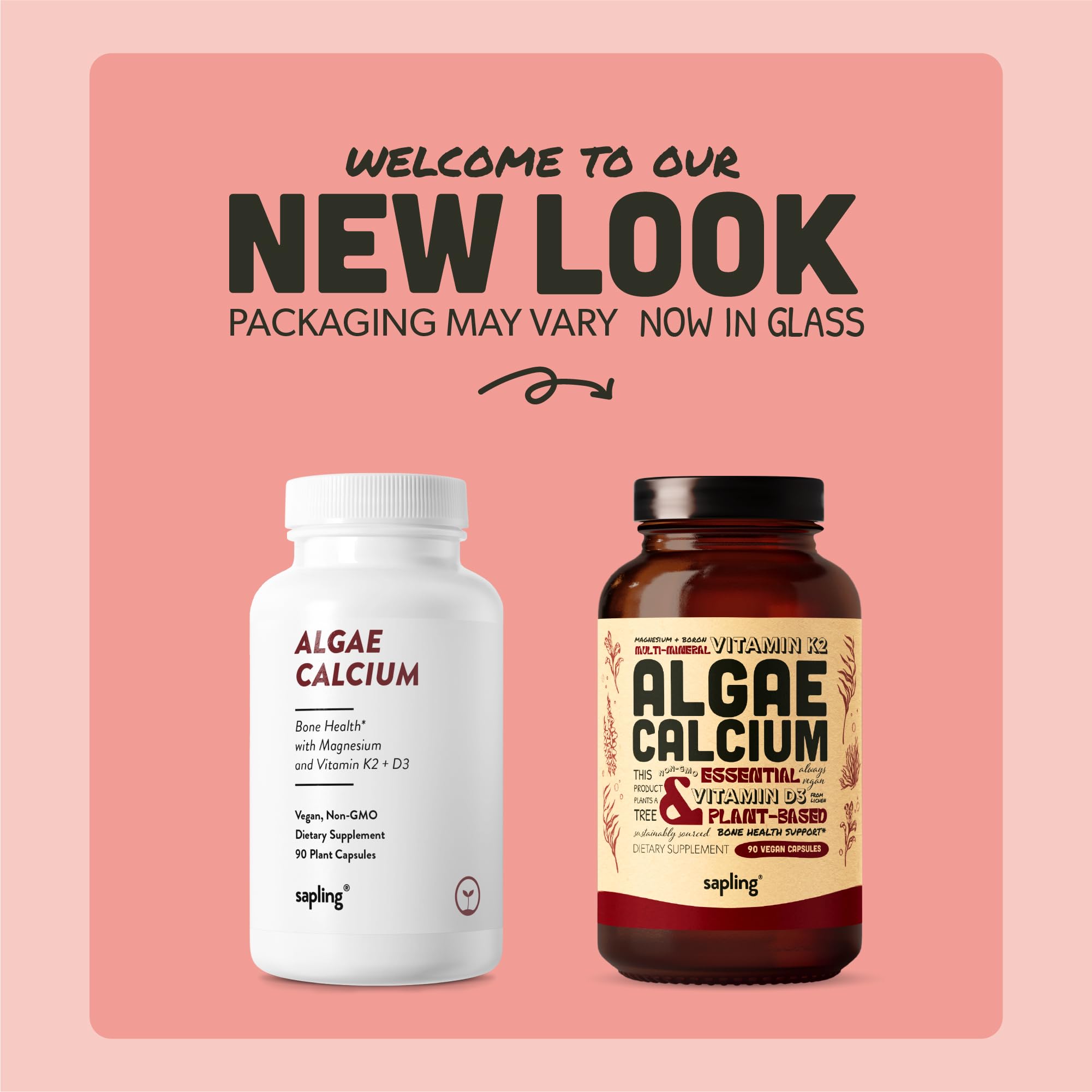 sapling Calcium Supplement - Whole Food with Vitamin K2 & D3, Magnesium, Zinc, Boron, Mineral Complex. Sourced Sustainably from Red Algae. for Bone Strength and Support. Non-GMO & Vegan 90 Capsules.
