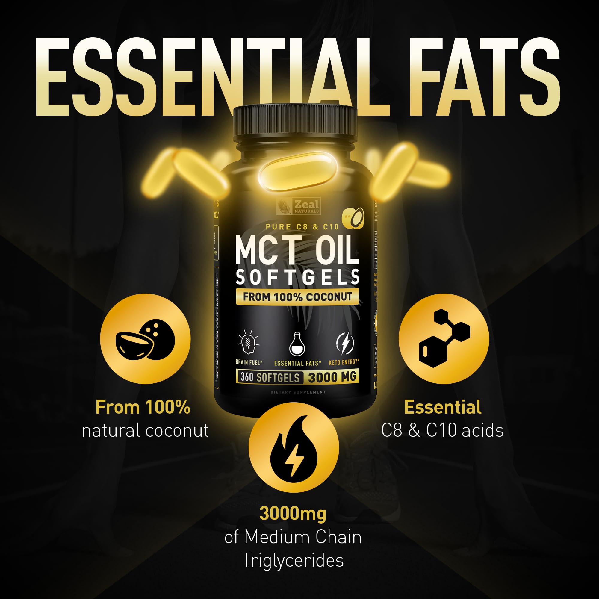 Zeal Naturals Pure MCT Oil Capsules - 3000mg, 360 Softgels |C10, C8 MCT Oil Unrefined Coconut | Energy Support & Brain Fuel Supplement | Gluten-Free