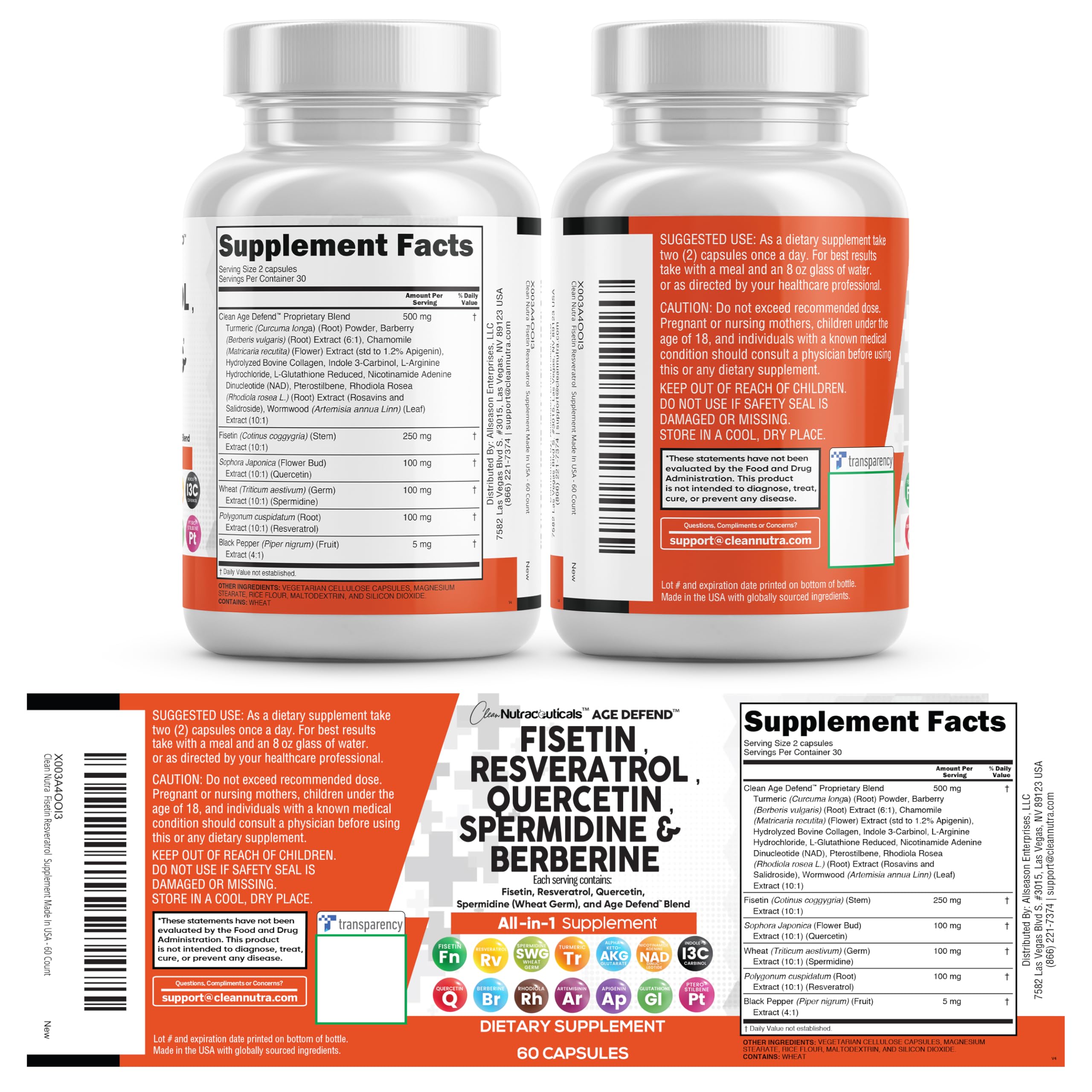 Clean Nutraceuticals Fisetin Quercetin Resveratrol with Spermidine Wheat Germ Extract - Health Supplement for Adults Longevity with Berberine, Collagen, Rhodiola, Apigenin