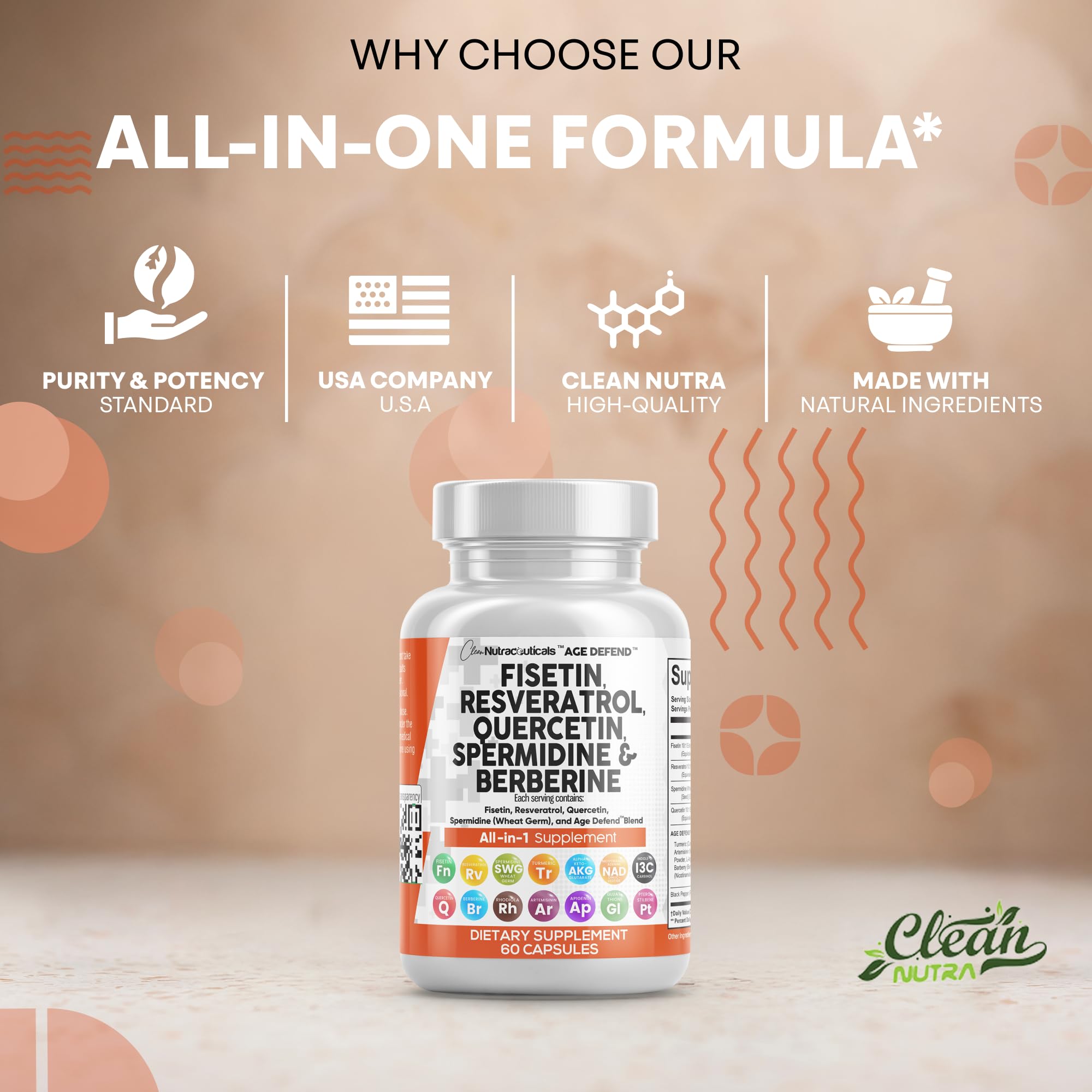 Clean Nutraceuticals Fisetin Quercetin Resveratrol with Spermidine Wheat Germ Extract - Health Supplement for Adults Longevity with Berberine, Collagen, Rhodiola, Apigenin