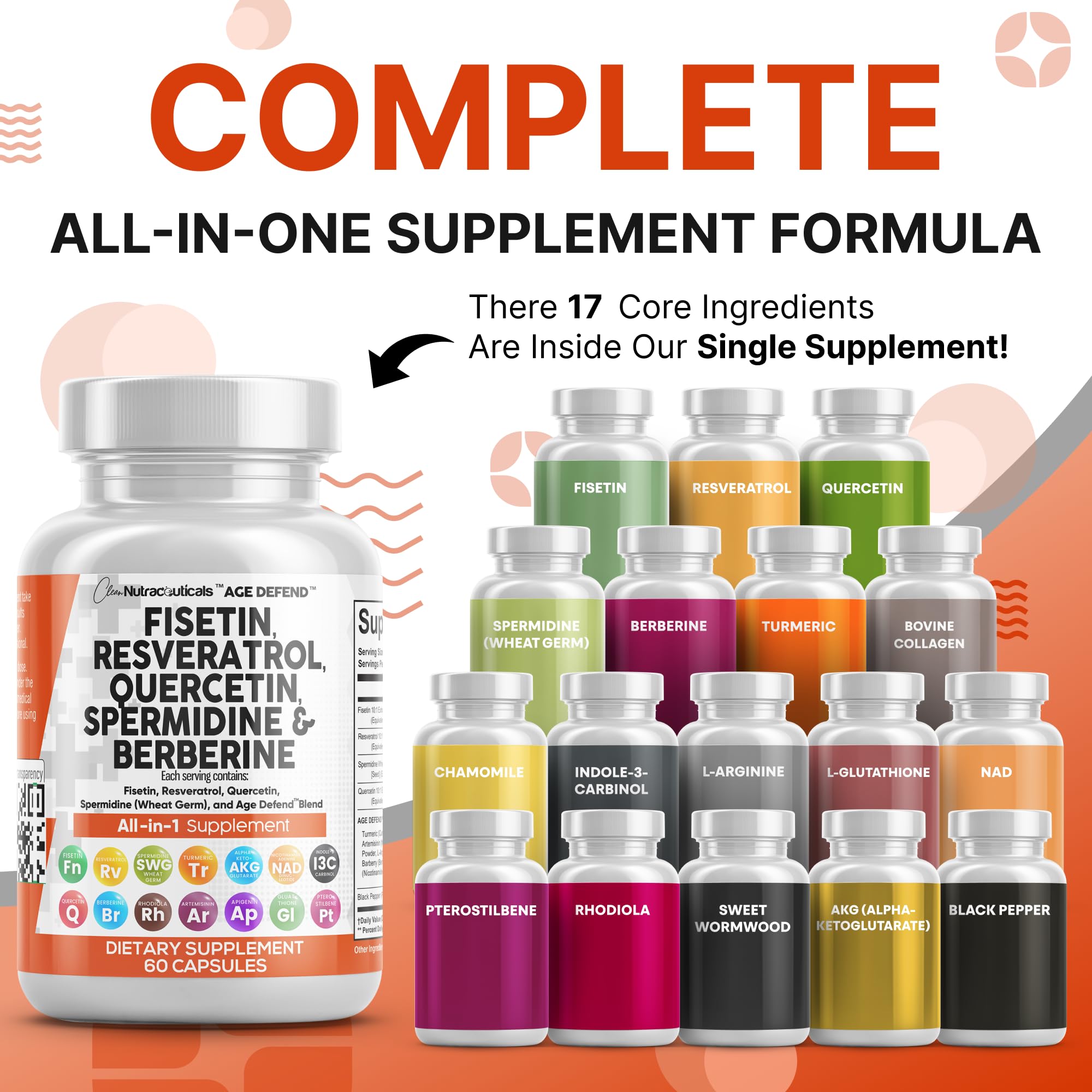 Clean Nutraceuticals Fisetin Quercetin Resveratrol with Spermidine Wheat Germ Extract - Health Supplement for Adults Longevity with Berberine, Collagen, Rhodiola, Apigenin