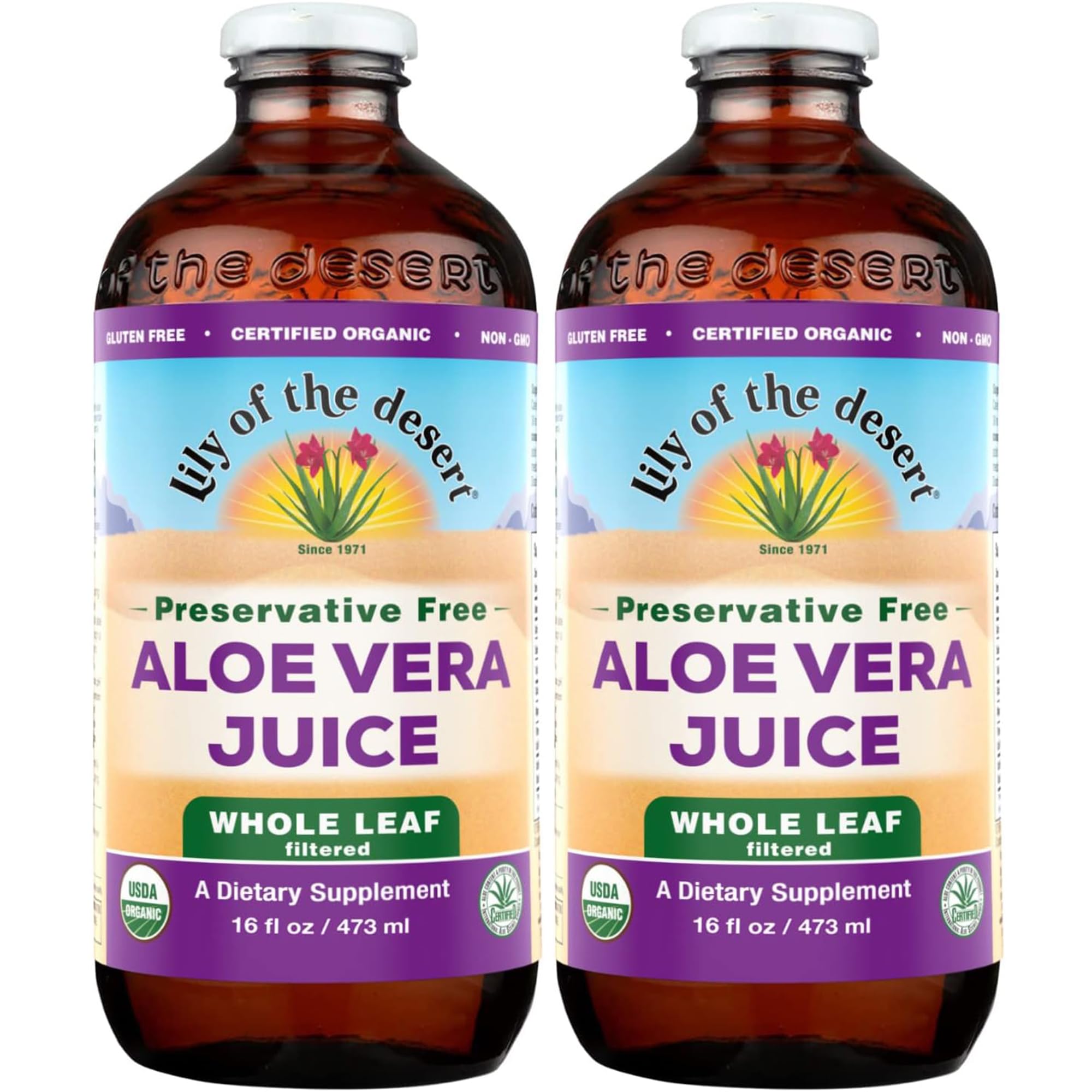 Lily of the Desert Aloe Vera Juice, Whole Leaf Filtered 2-Pack, Organic & Preservative Free – Natural Vitamins, Digestive Enzymes for Gut Health, Glowing Skin & Wellness, 16 Fl Oz Ea