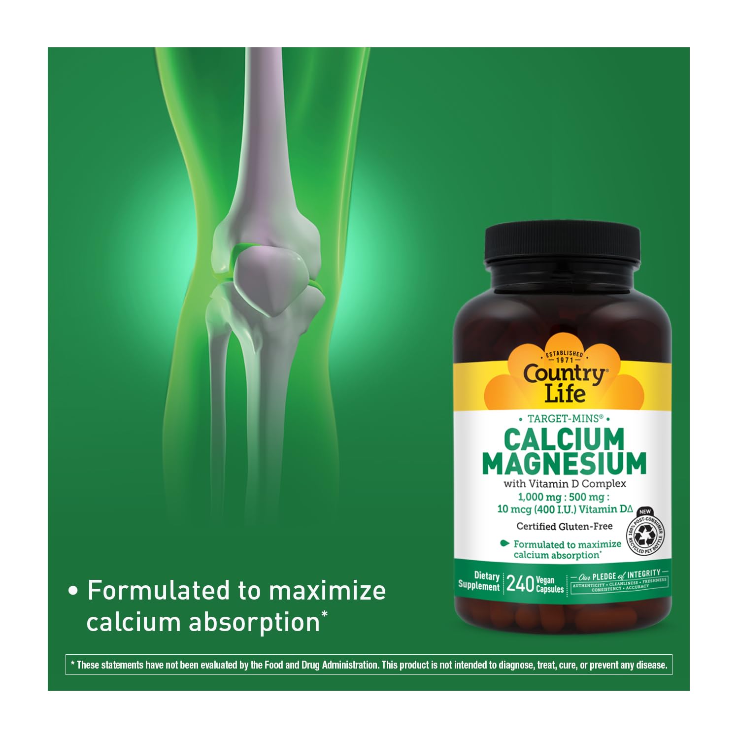 Country Life Target-Mins Calcium Magnesium with Vitamin D-Complex, 1000mg/500mg/10mcg, 240 Vegan Capsules, Certified Gluten Free, Certified Vegan