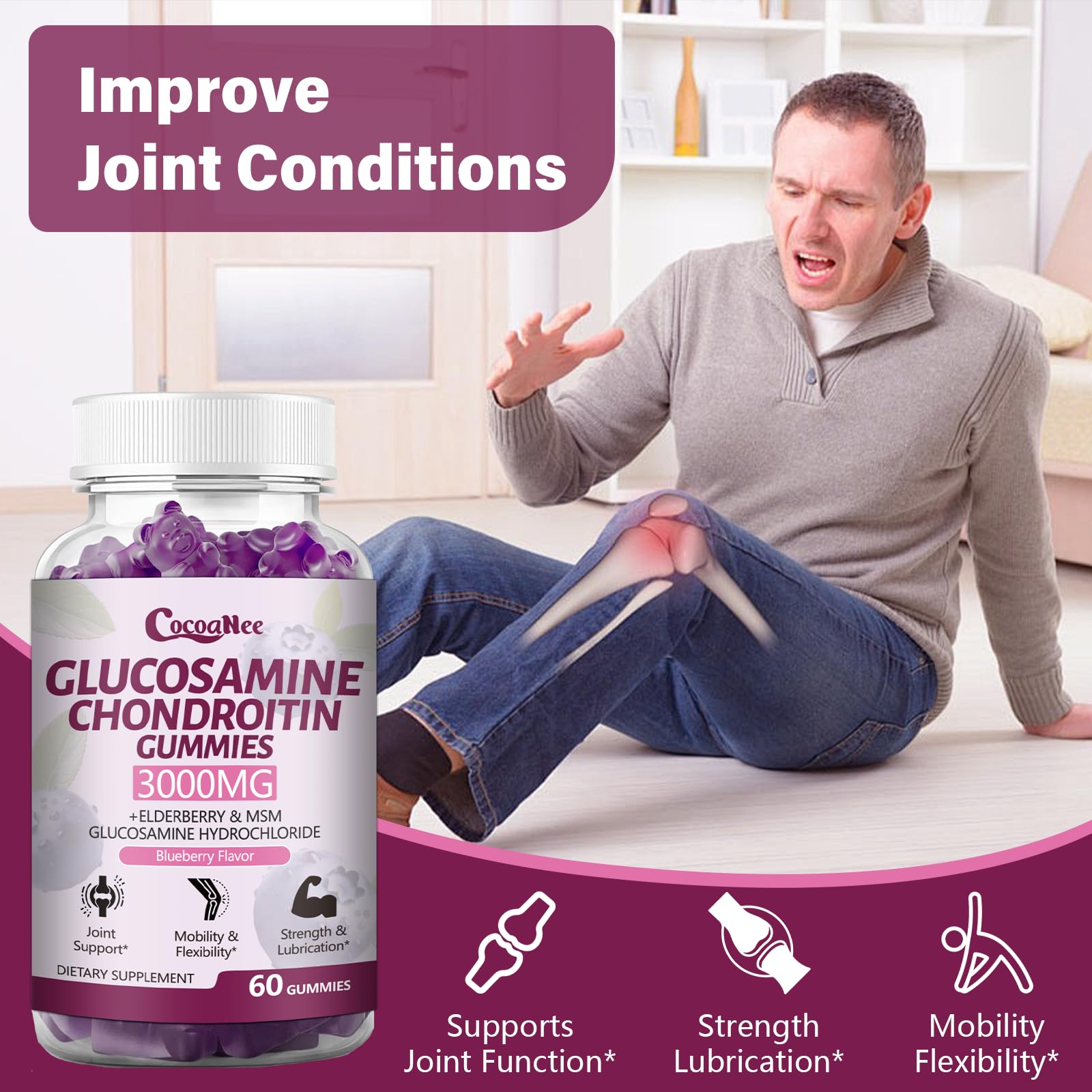 CocoaNee 2 Packs 3000MG Glucosamine Chondroitin Gummies, Extra Strength Joint Support Supplement with MSM & Elderberry, Flexibility, Antioxidant Immune Support Gummy for Adults, Men & Women 120Cts
