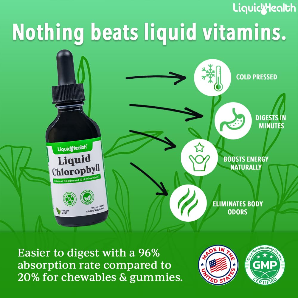 LIQUIDHEALTH Liquid Chlorophyll Drops - Internal Deodorizer, Antioxidants, Liver Detox, Immune Support, Relieve Bad Breath, Reduce Appetite, Collagen for Hair & Skin Health - Vegan, Non-GMO (2 Pack)