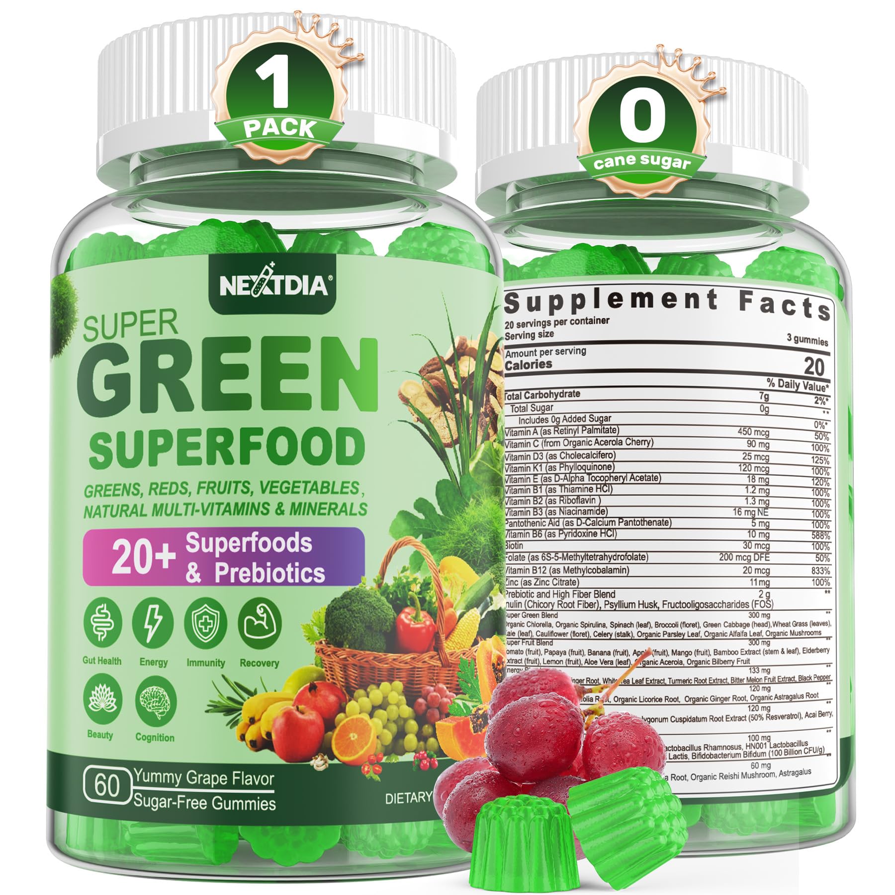 Super Greens Gummies, Greens Superfood Powder Alternative w/Spirulina, Chlorella, Prebiotic Fiber, Probiotic, Fruit Veggie, Daily Greens Vegetable for Digestive & Gut Health, Immunity, Focus, 60 Cts