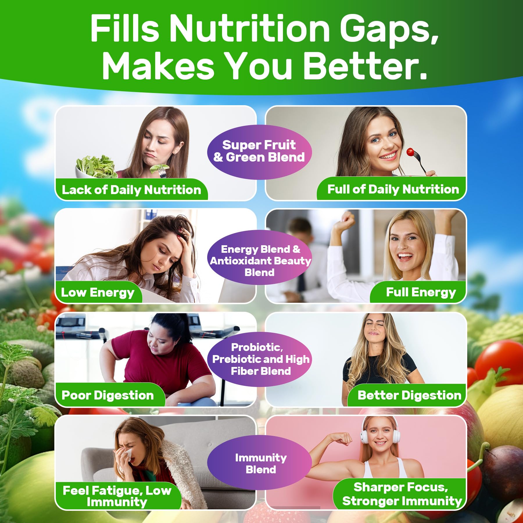 Super Greens Gummies, Greens Superfood Powder Alternative w/Spirulina, Chlorella, Prebiotic Fiber, Probiotic, Fruit Veggie, Daily Greens Vegetable for Digestive & Gut Health, Immunity, Focus, 60 Cts