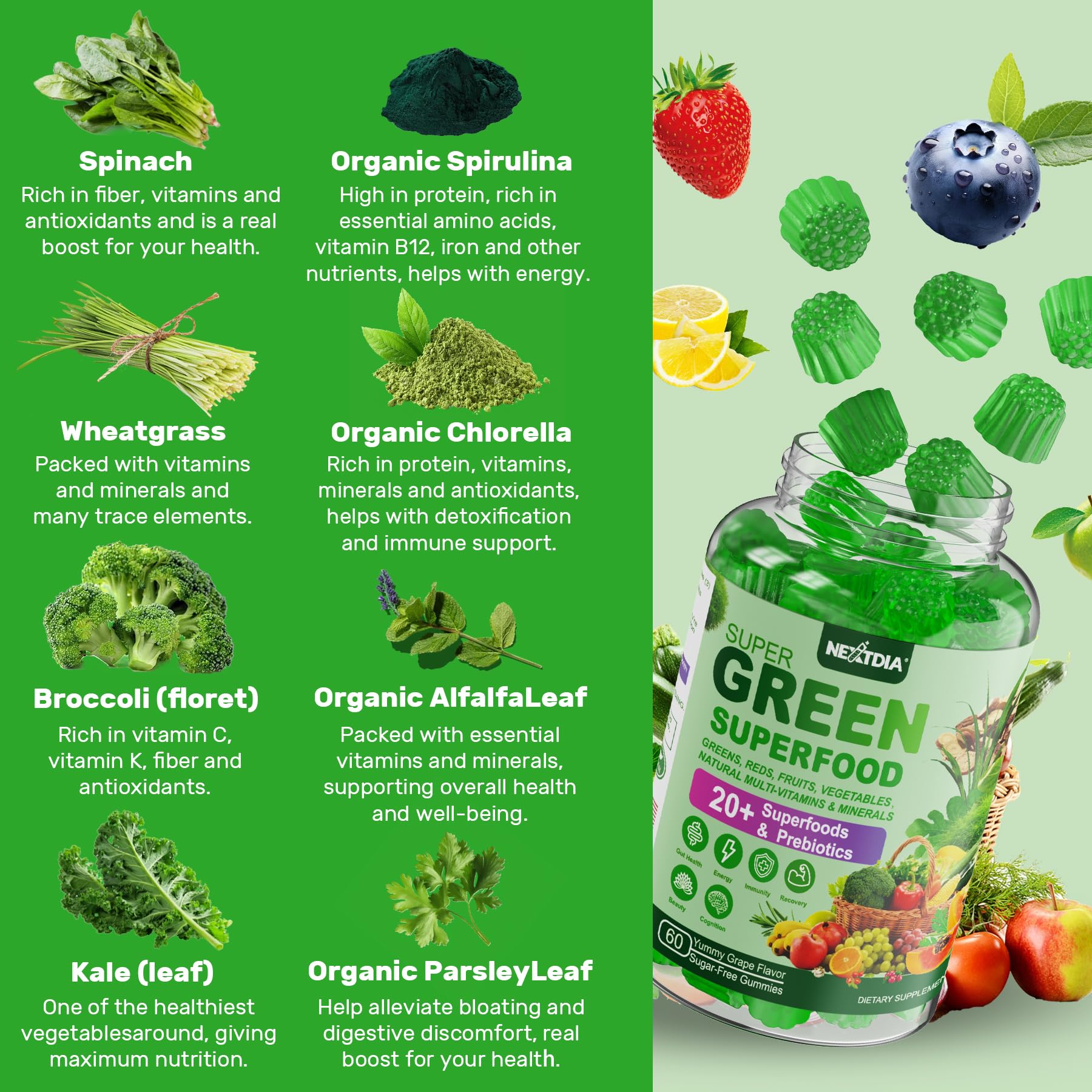 Super Greens Gummies, Greens Superfood Powder Alternative w/Spirulina, Chlorella, Prebiotic Fiber, Probiotic, Fruit Veggie, Daily Greens Vegetable for Digestive & Gut Health, Immunity, Focus, 60 Cts
