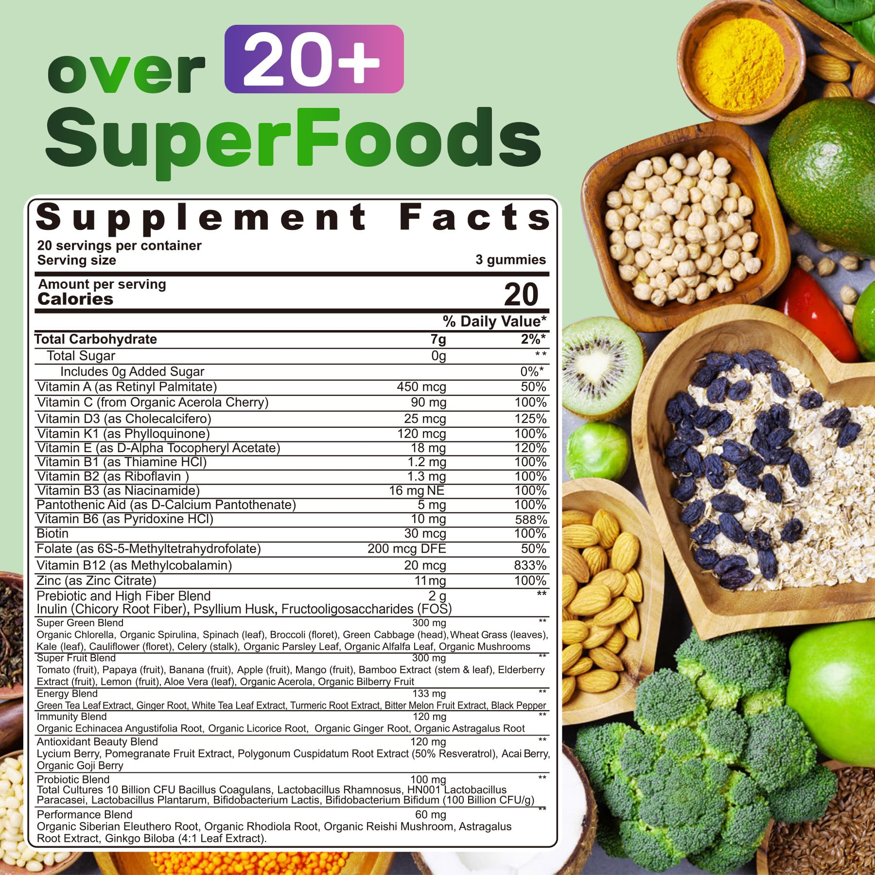 Super Greens Gummies, Greens Superfood Powder Alternative w/Spirulina, Chlorella, Prebiotic Fiber, Probiotic, Fruit Veggie, Daily Greens Vegetable for Digestive & Gut Health, Immunity, Focus, 60 Cts