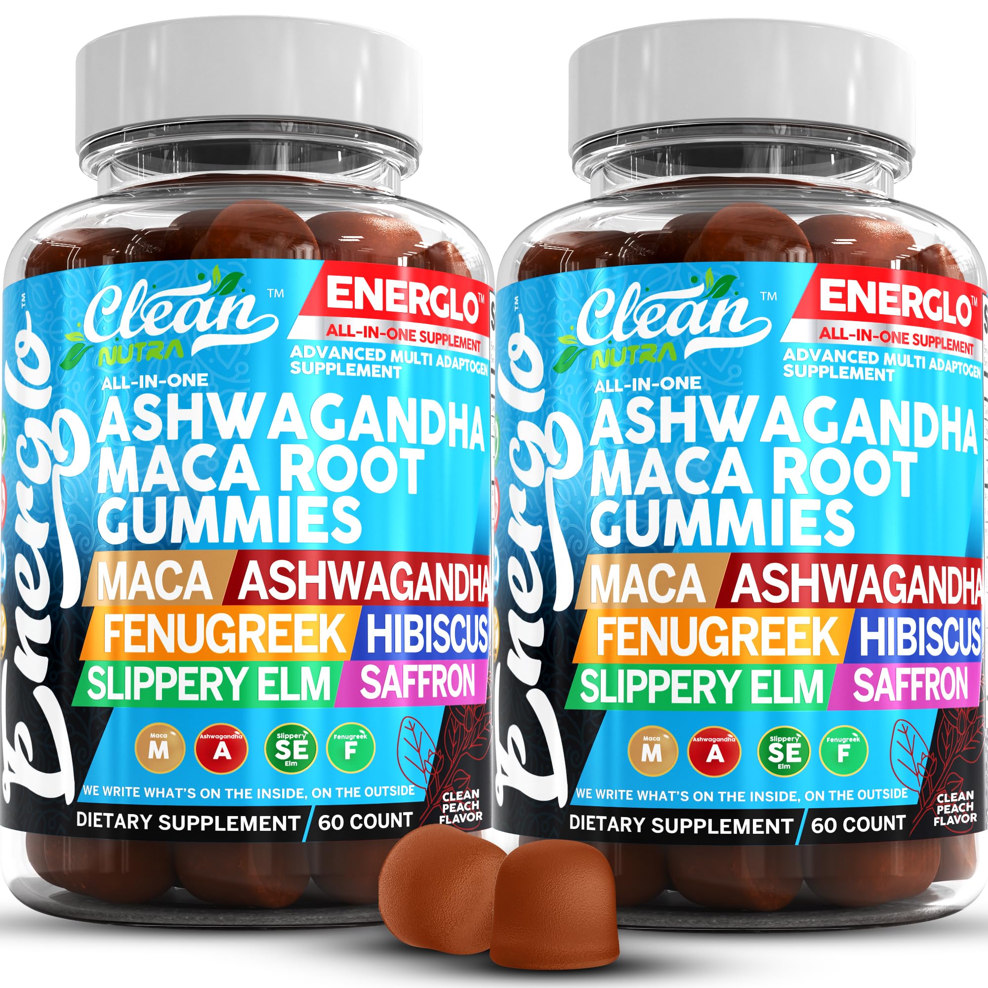 Ashwagandha Maca Root Gummies with Fenugreek Hibiscus Slippery Elm Saffron Extract & Beta Carotene | Peach Flavor Vegan Gummy Vitamins Adaptogen Cortisol Supplement Energlo by Clean Nutra (2)