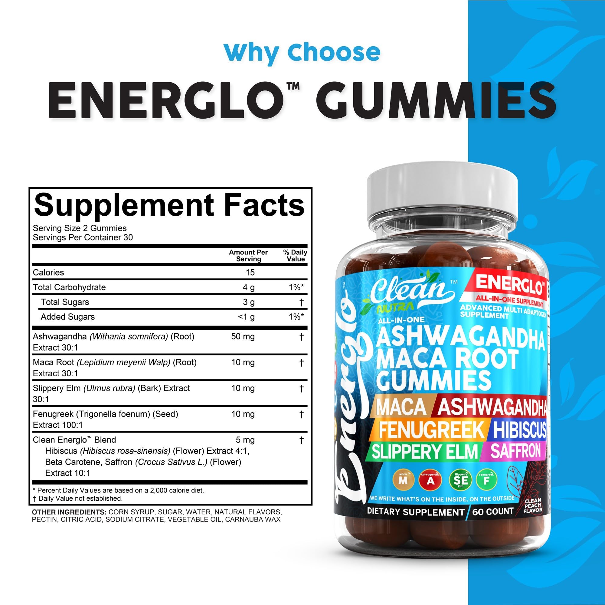 Ashwagandha Maca Root Gummies with Fenugreek Hibiscus Slippery Elm Saffron Extract & Beta Carotene | Peach Flavor Vegan Gummy Vitamins Adaptogen Cortisol Supplement Energlo by Clean Nutra (2)