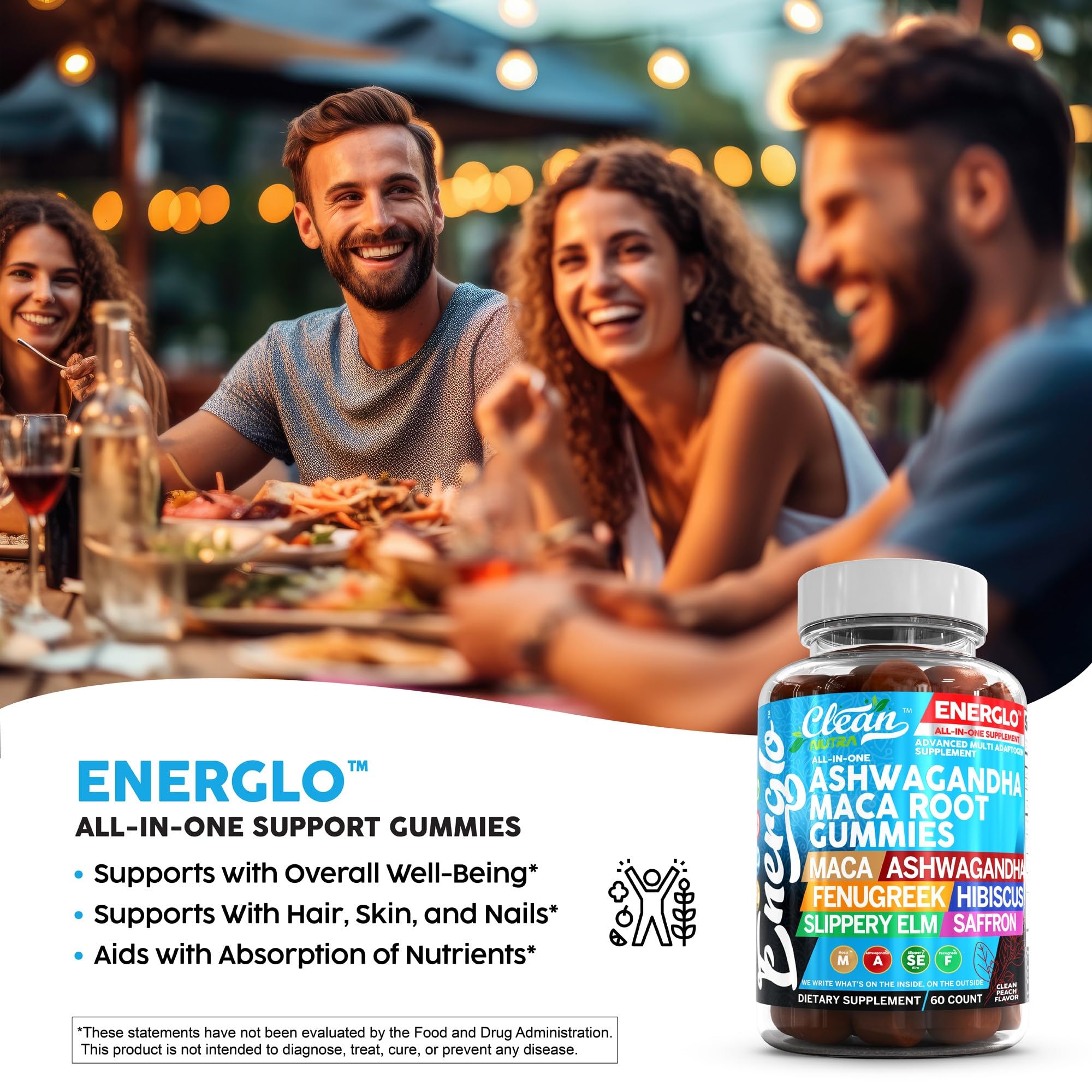 Ashwagandha Maca Root Gummies with Fenugreek Hibiscus Slippery Elm Saffron Extract & Beta Carotene | Peach Flavor Vegan Gummy Vitamins Adaptogen Cortisol Supplement Energlo by Clean Nutra (2)