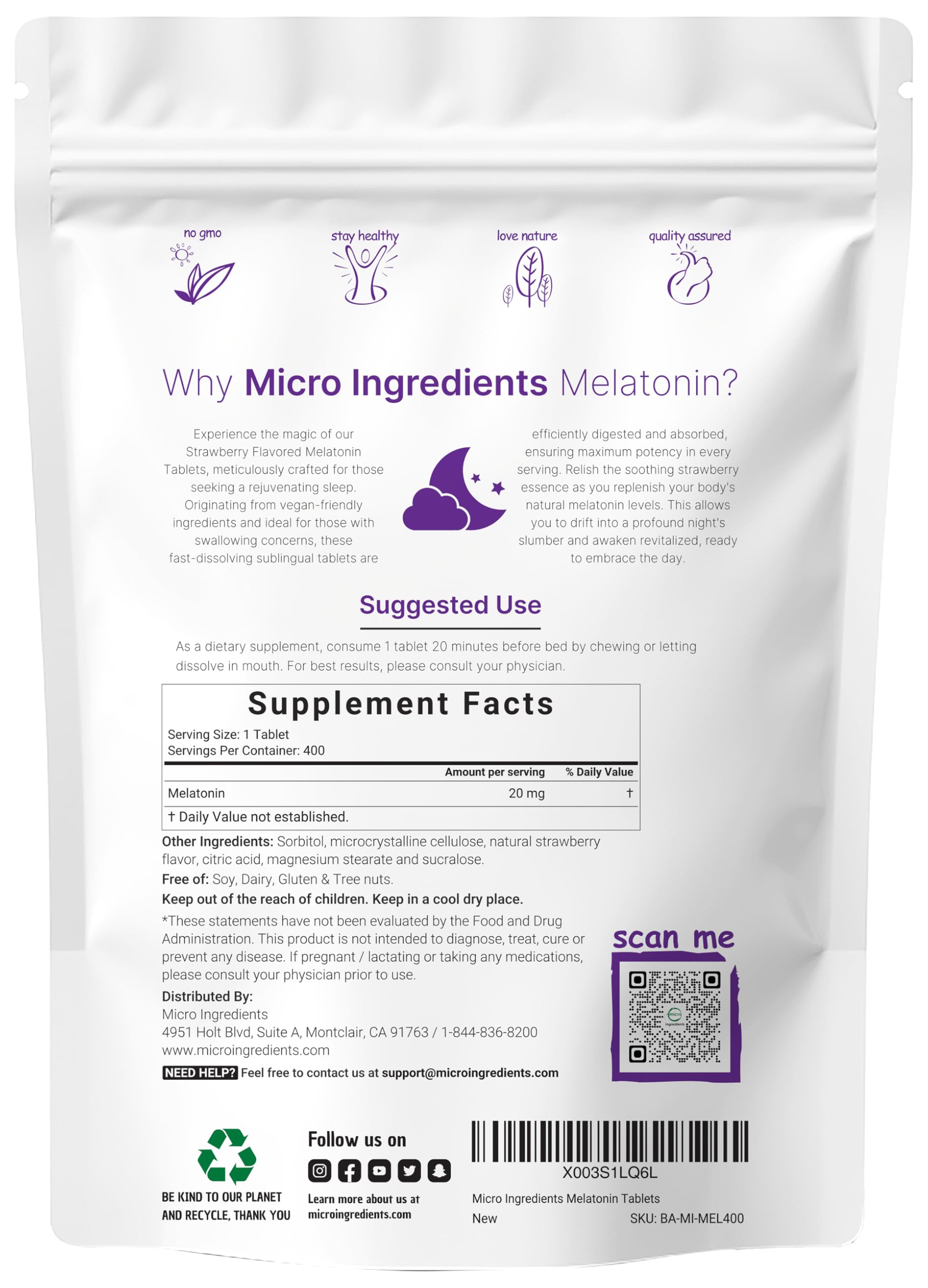 Micro Ingredients Melatonin 20mg, 400 Tablets | Natural Strawberry Flavor | Fast Dissolve | No Drug | Vegetarian Friendly | Non-GMO, No Gluten, Sugar Free