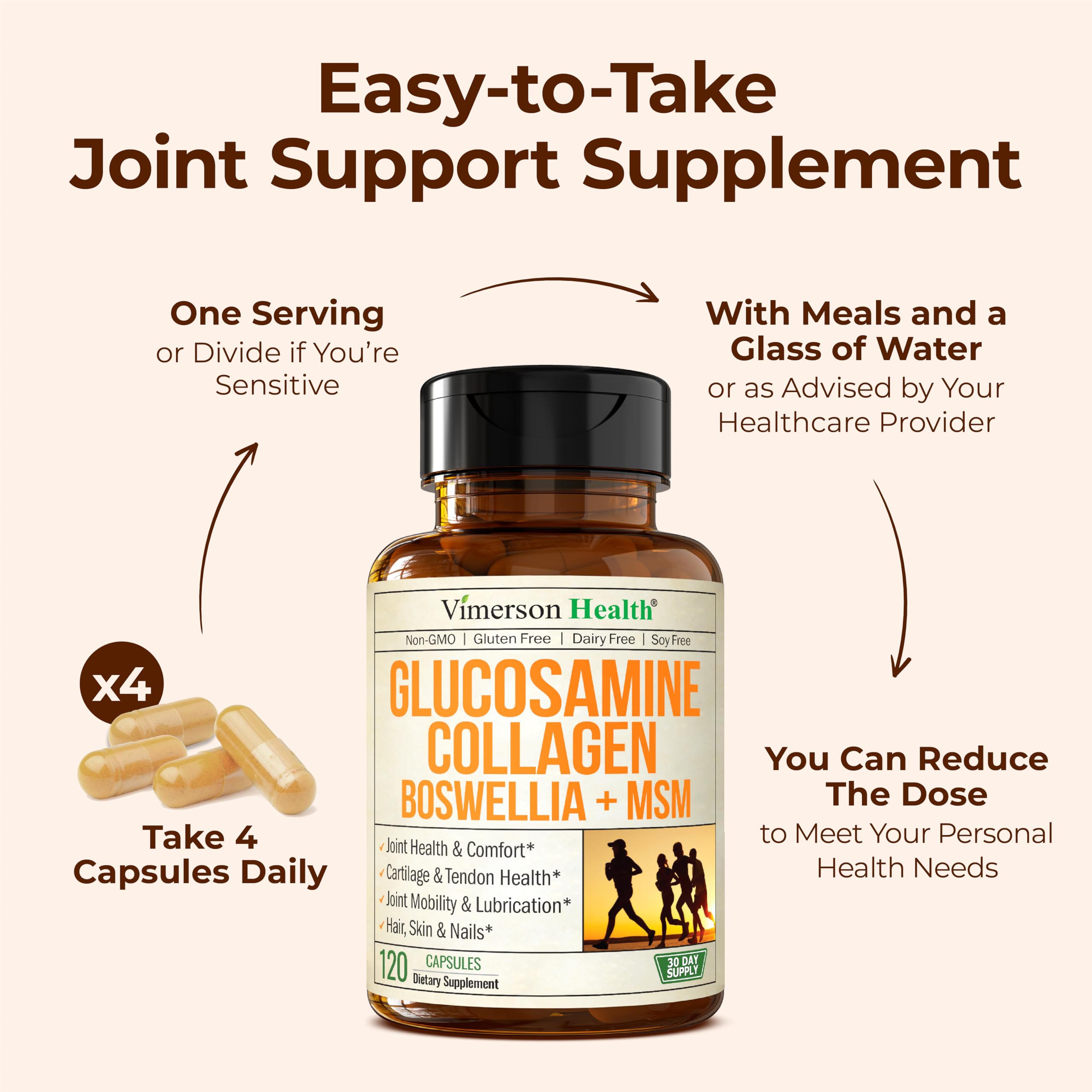 Glucosamine Chondroitin MSM with Hydrolyzed Collagen Peptides - Joint Support Supplement with Quercetin, Bromelain & Boswellia Extract - Collagen pills for Hair Skin Nails - FSA Eligible 120 Caps
