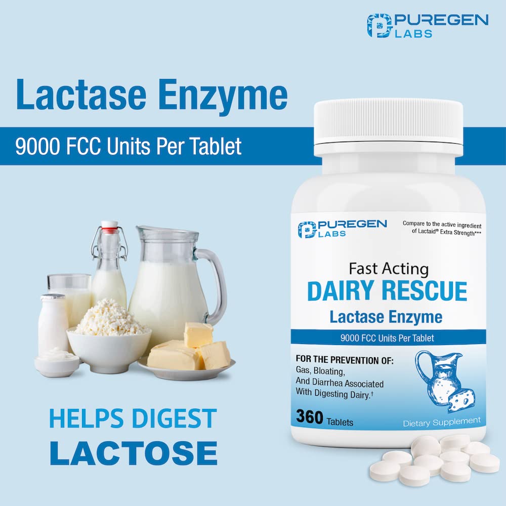 Puregen Labs Dairy Relief Fast Acting Lactase Enzyme 9000 FCC, Lactose Intolerance Pills 360 Tablets