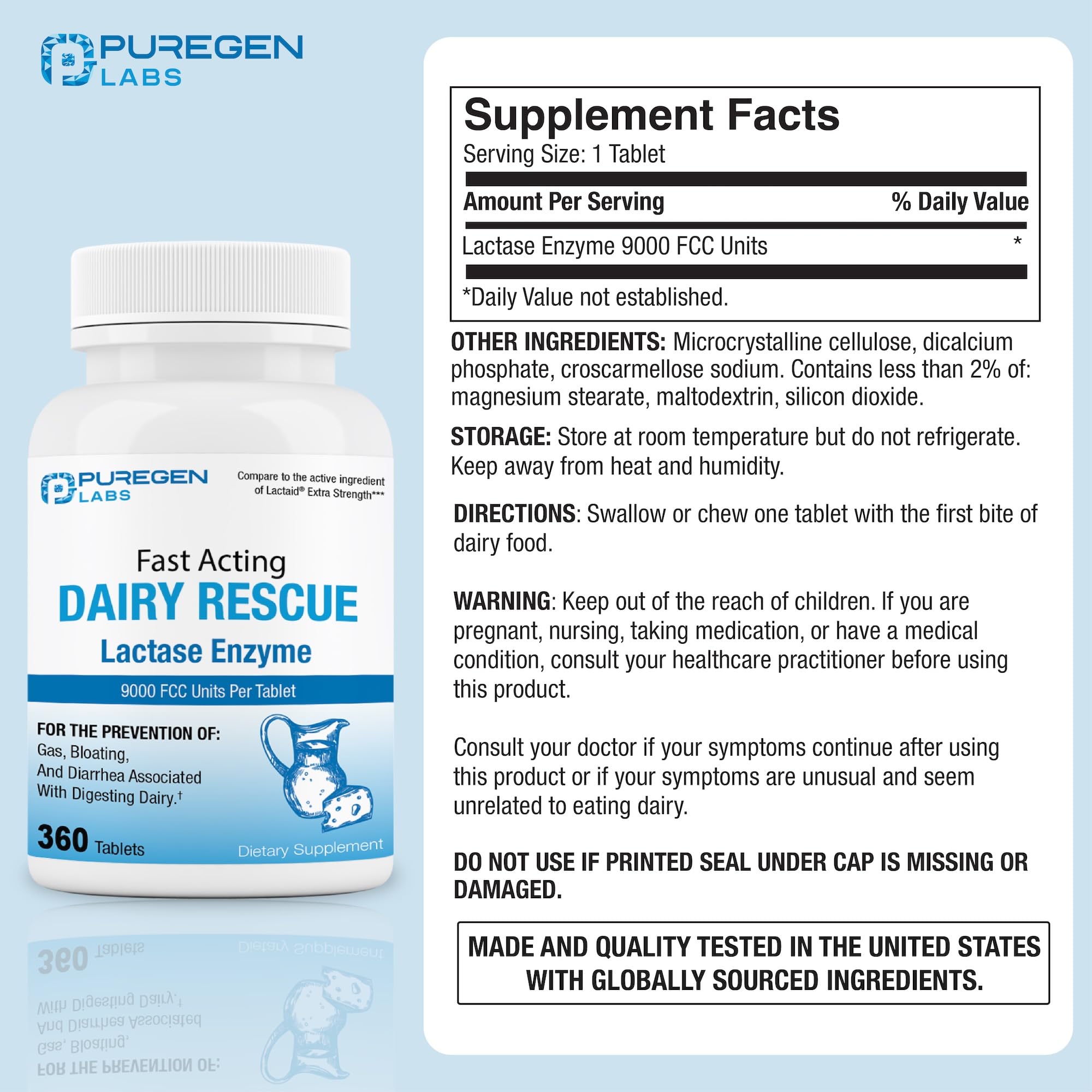 Puregen Labs Dairy Relief Fast Acting Lactase Enzyme 9000 FCC, Lactose Intolerance Pills 360 Tablets