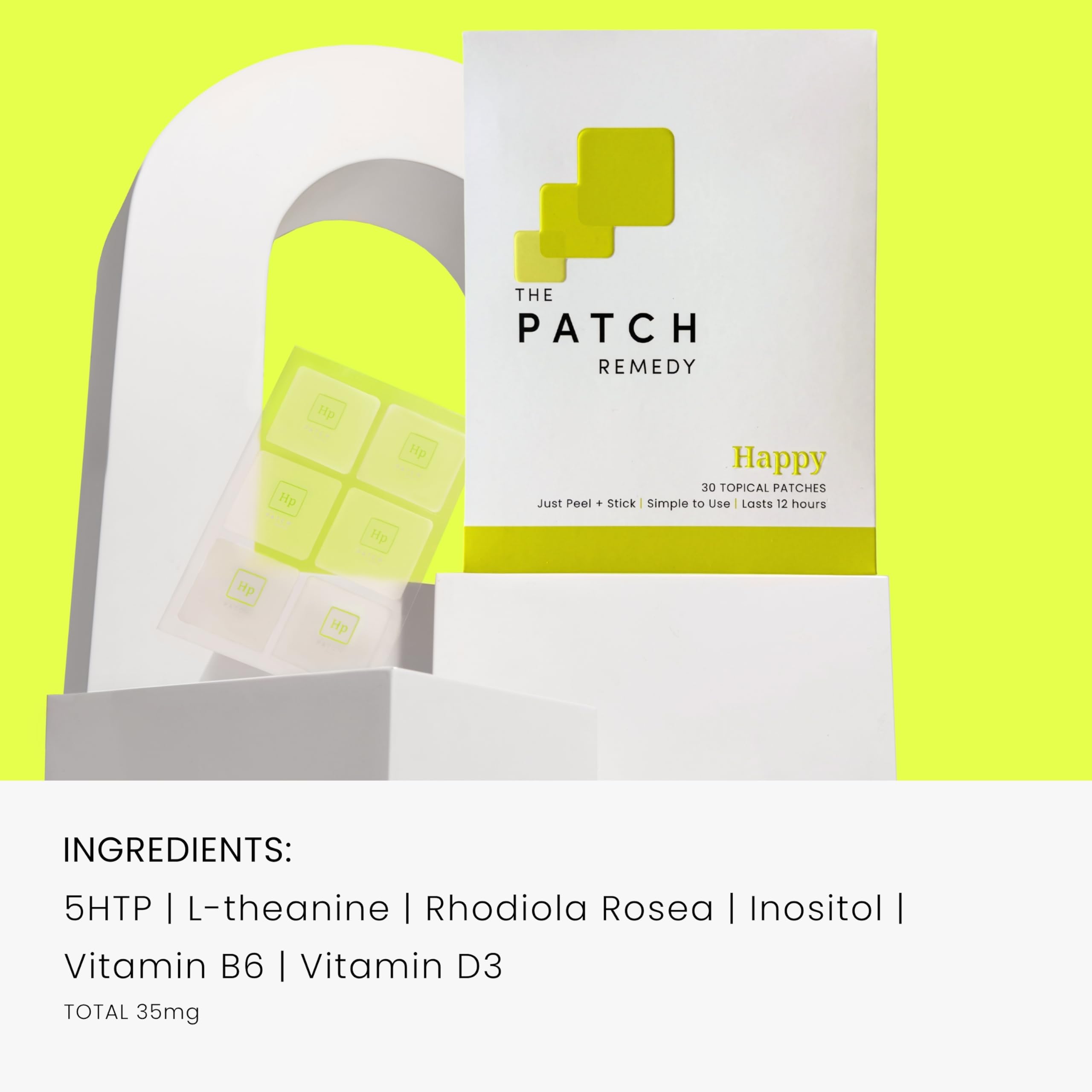 The Patch Remedy Happy Patch | 5-HTP, L-Theanine, Rhodiola, Inositol, B6, Vitamin D3 | 30 Patches