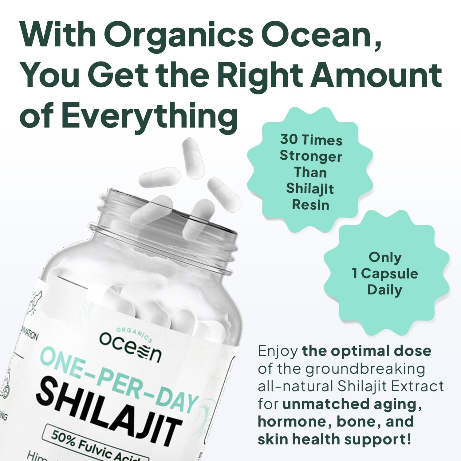 Organics Ocean One-Per-Day Shilajit for Men and Women - Natural Shilajit Supplement for Age-Defying, Bone Strength, Hormone Support and More - 30 Shilajit Capsules