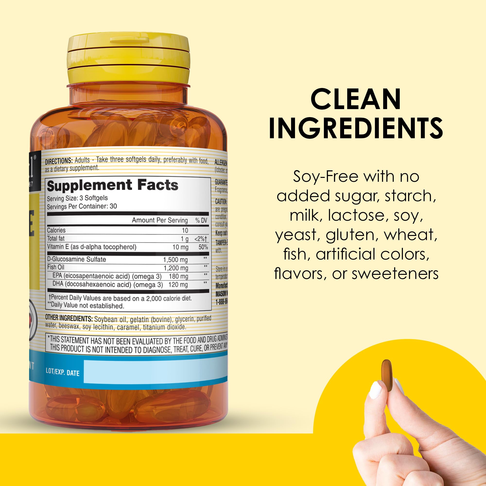 MASON NATURAL Glucosamine & Fish Oil Supplement with DHA & Omega 3 for Joint & Muscle Support, 1 Month Supply Softgel Pills