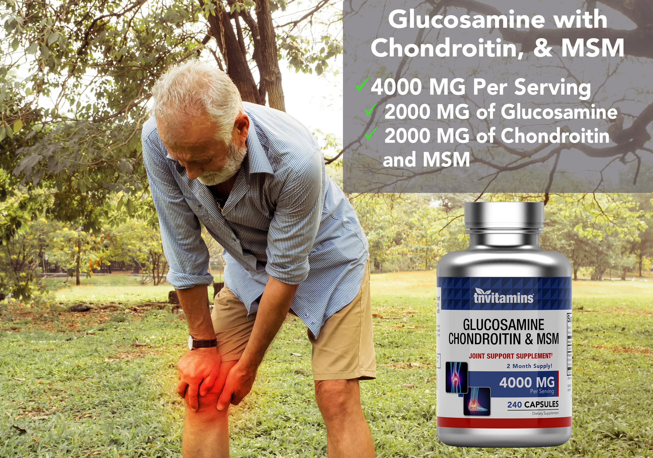tnvitamins Glucosamine Chondroitin MSM Capsules, 240 Count | 4,000 mg Per Serving | 2,000 mg Glucosamine Sulfate 2KCl + 2,000 mg MSM & Chondroitin Blend | Joint Support Supplement