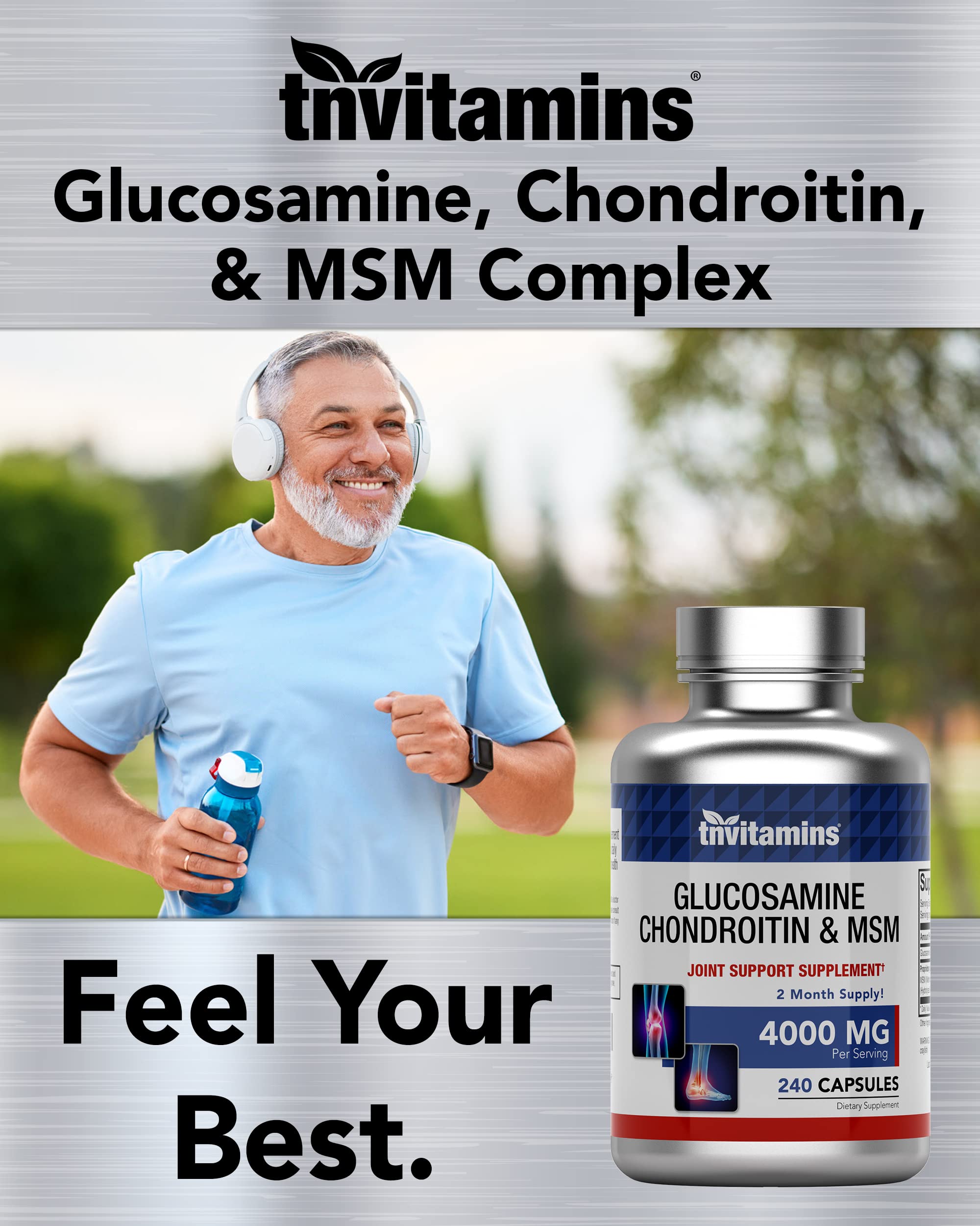 tnvitamins Glucosamine Chondroitin MSM Capsules, 240 Count | 4,000 mg Per Serving | 2,000 mg Glucosamine Sulfate 2KCl + 2,000 mg MSM & Chondroitin Blend | Joint Support Supplement
