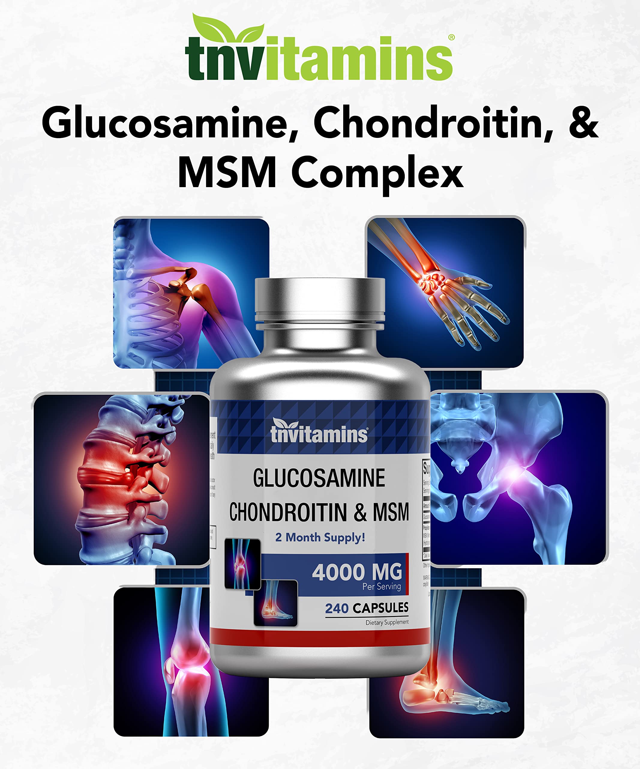 tnvitamins Glucosamine Chondroitin MSM Capsules, 240 Count | 4,000 mg Per Serving | 2,000 mg Glucosamine Sulfate 2KCl + 2,000 mg MSM & Chondroitin Blend | Joint Support Supplement