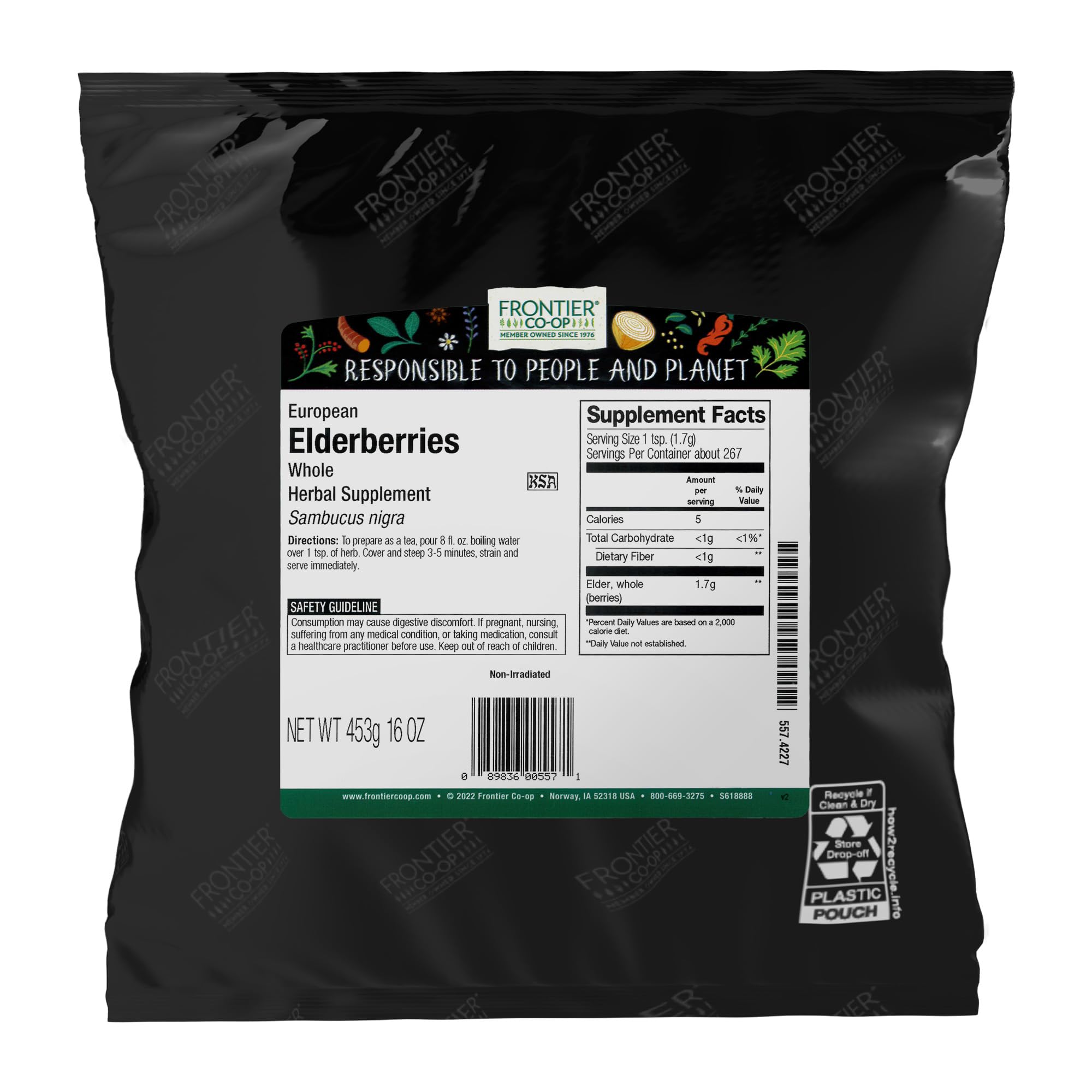 Frontier Co-op Dried Elderberries, European Whole - Non-GMO Elderberry Dried Fruit for Powder, Tea, Immune Support - Kosher | 16 Ounce (Pack of 2)