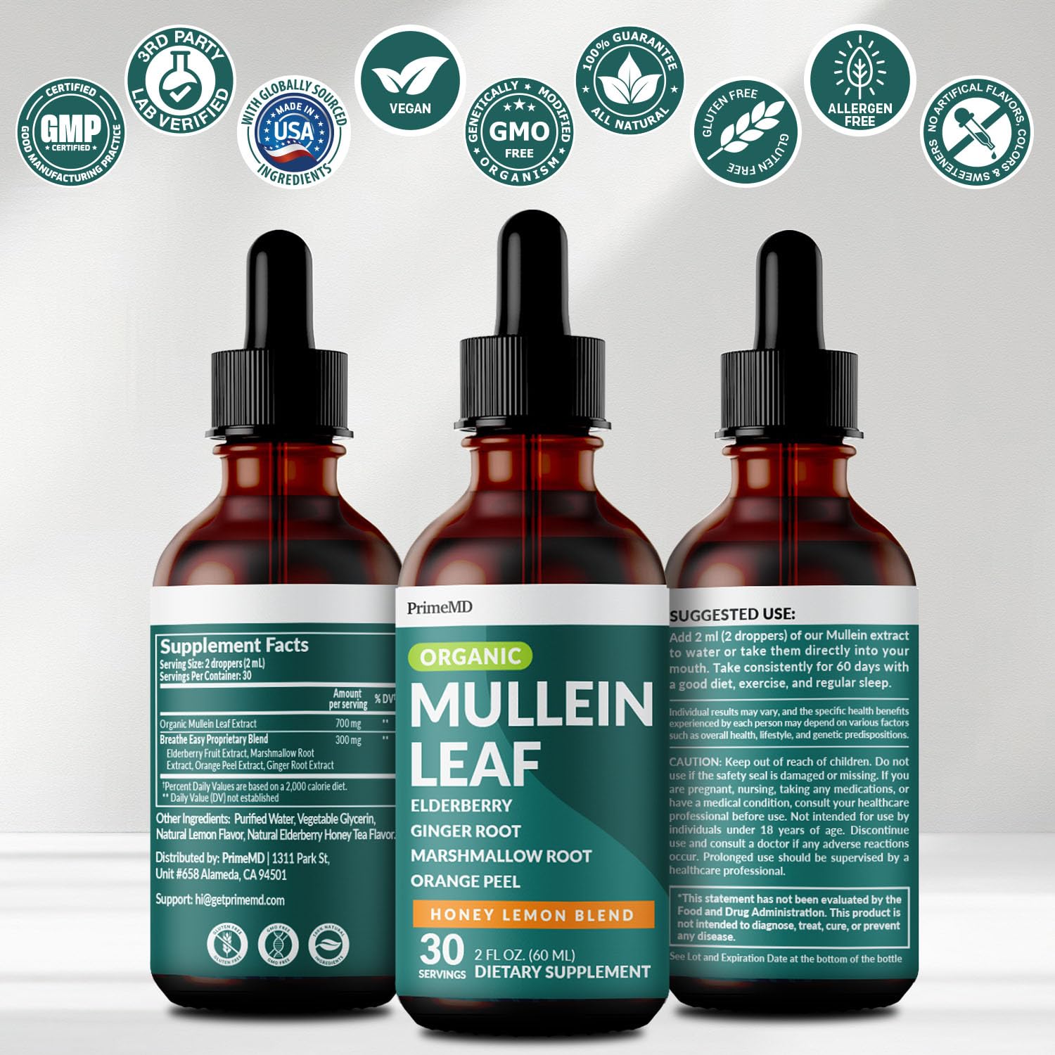 5-in-1 Mullein Drops for Bronchial and Respiratory Support with Mullen Leaf Extract Lung Supplement - Mullein Tincture with Elderberry and Ginger Root, Honey Lemon Flavor (60 Servings, Pack of 2)