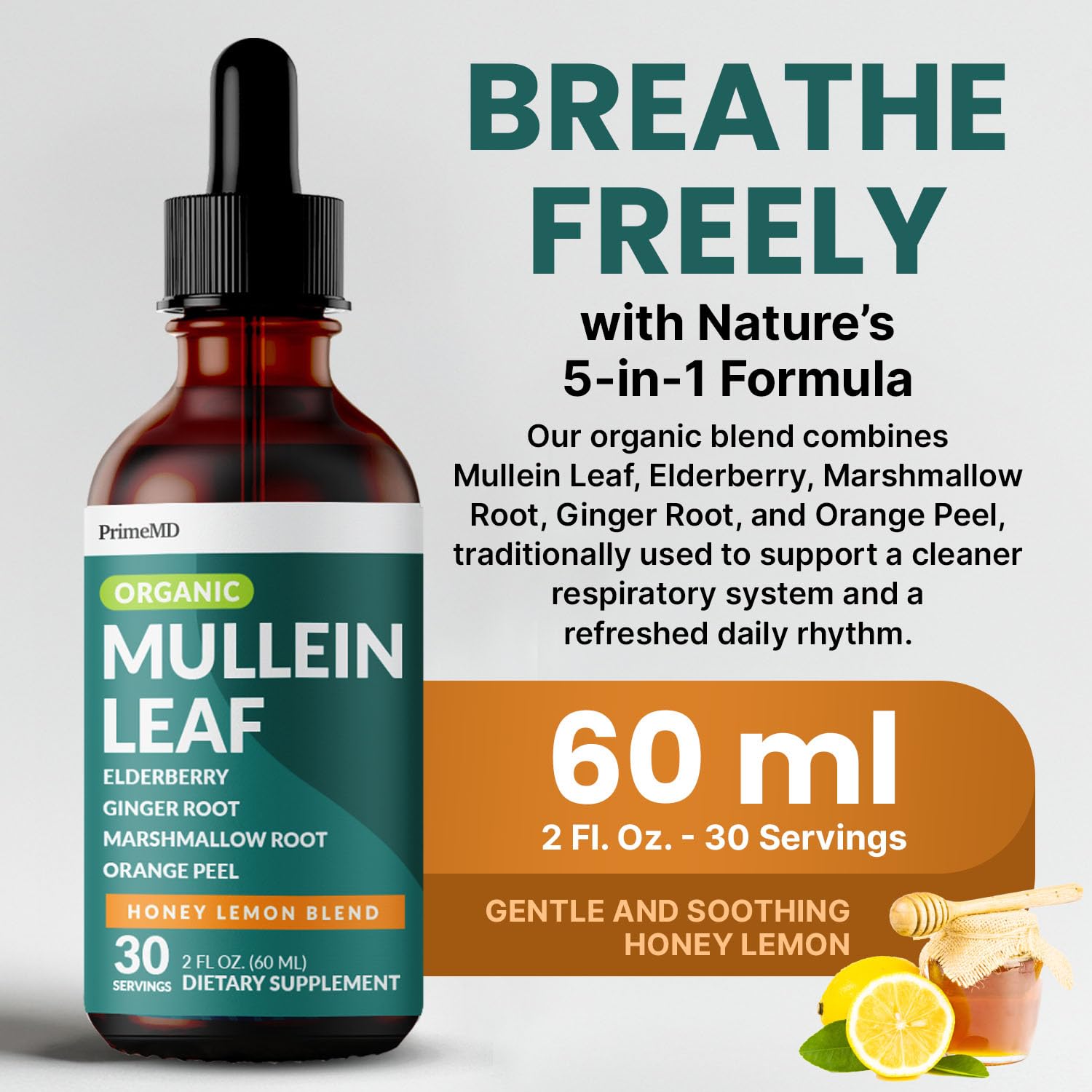 5-in-1 Mullein Drops for Bronchial and Respiratory Support with Mullen Leaf Extract Lung Supplement - Mullein Tincture with Elderberry and Ginger Root, Honey Lemon Flavor (60 Servings, Pack of 2)