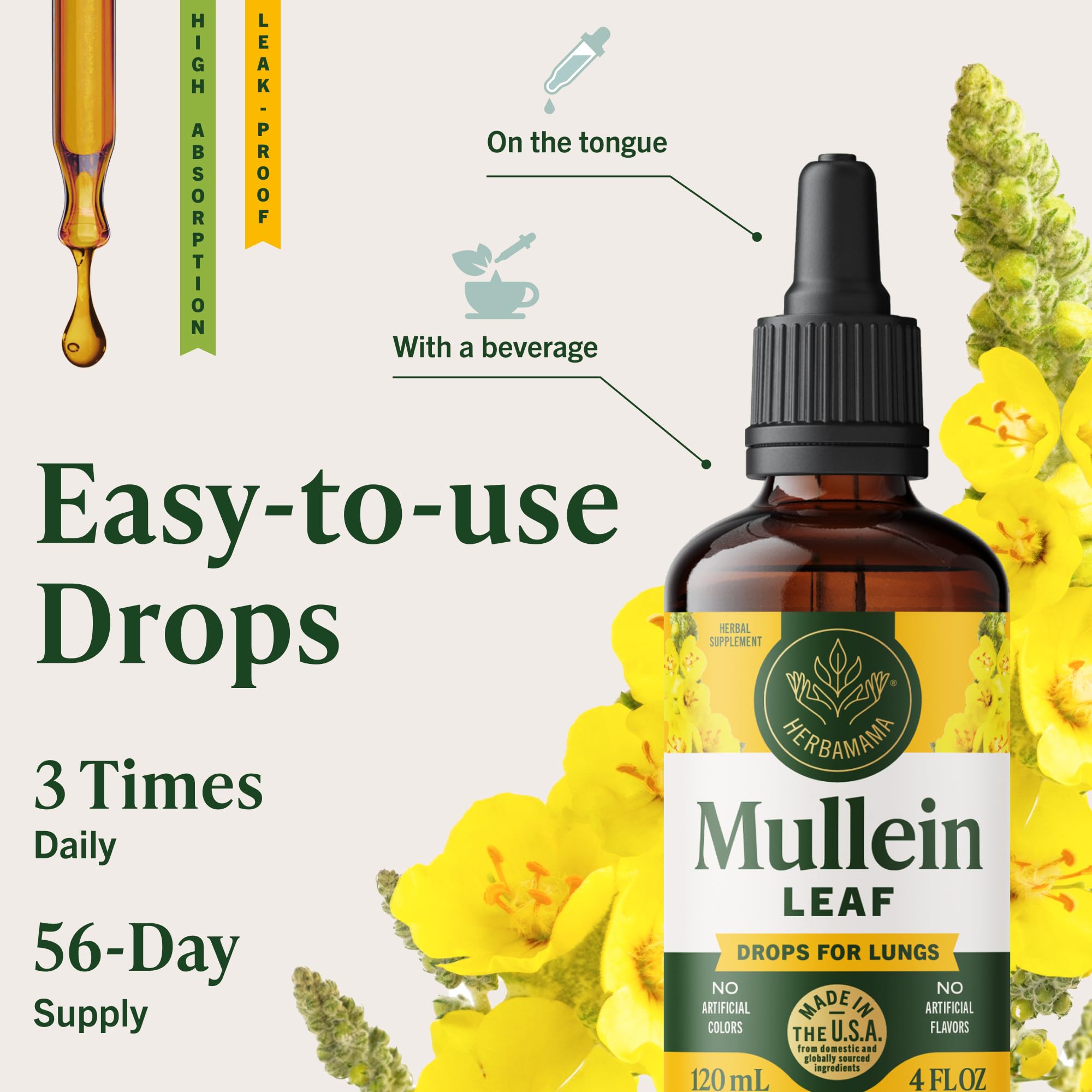 HERBAMAMA Mullein Drops for Lungs - Vegan Lung Cleanse with Mullein Leaf Extract, Echinacea Tincture & Licorice - Non-GMO, Alcohol & Sugar-Free Respiratory Support Supplement - 56-Day Supply