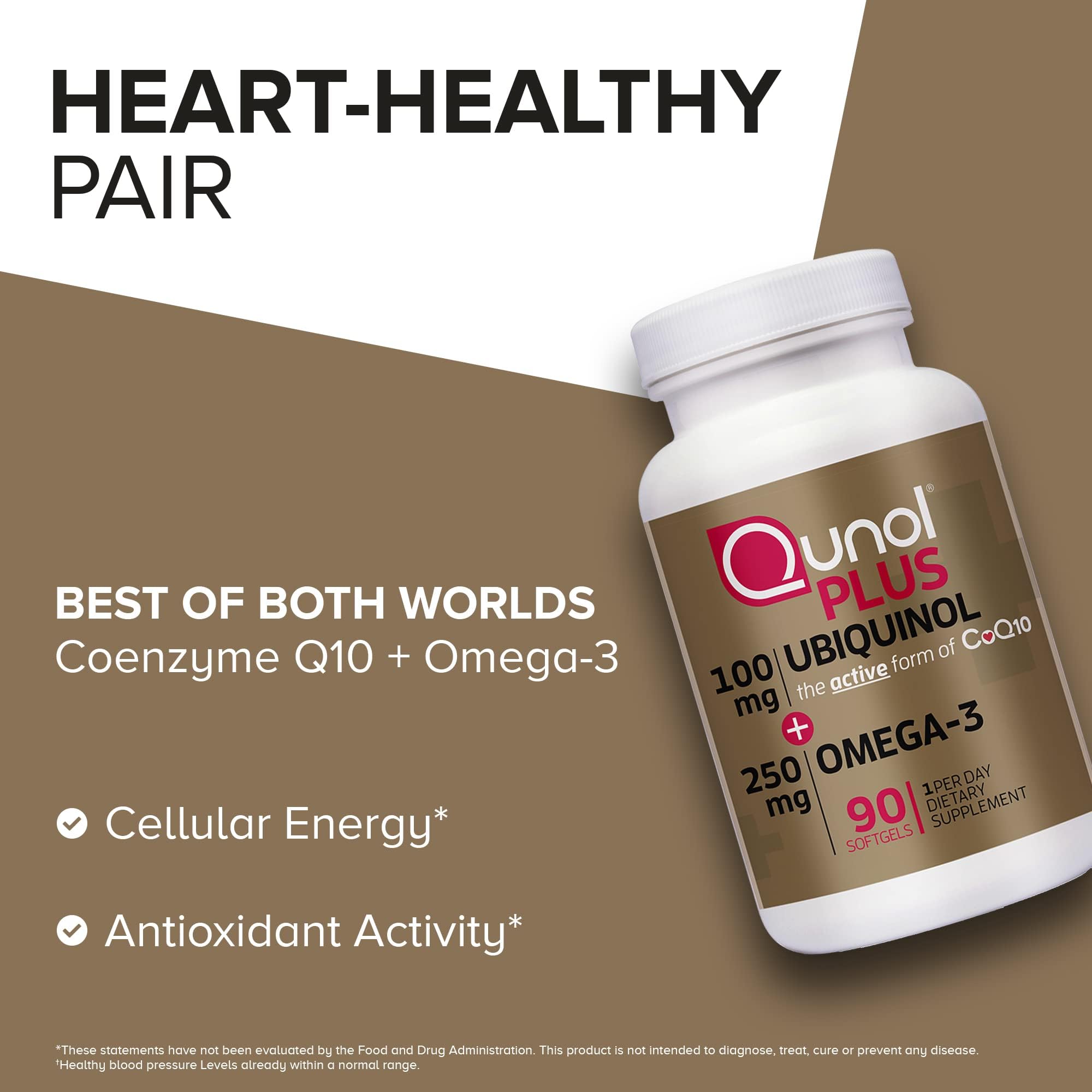 Qunol Plus Ubiquinol CoQ10 100mg with Omega 3 Fish Oil 250mg, Extra Strength Antioxidant Supplement, 90 Count