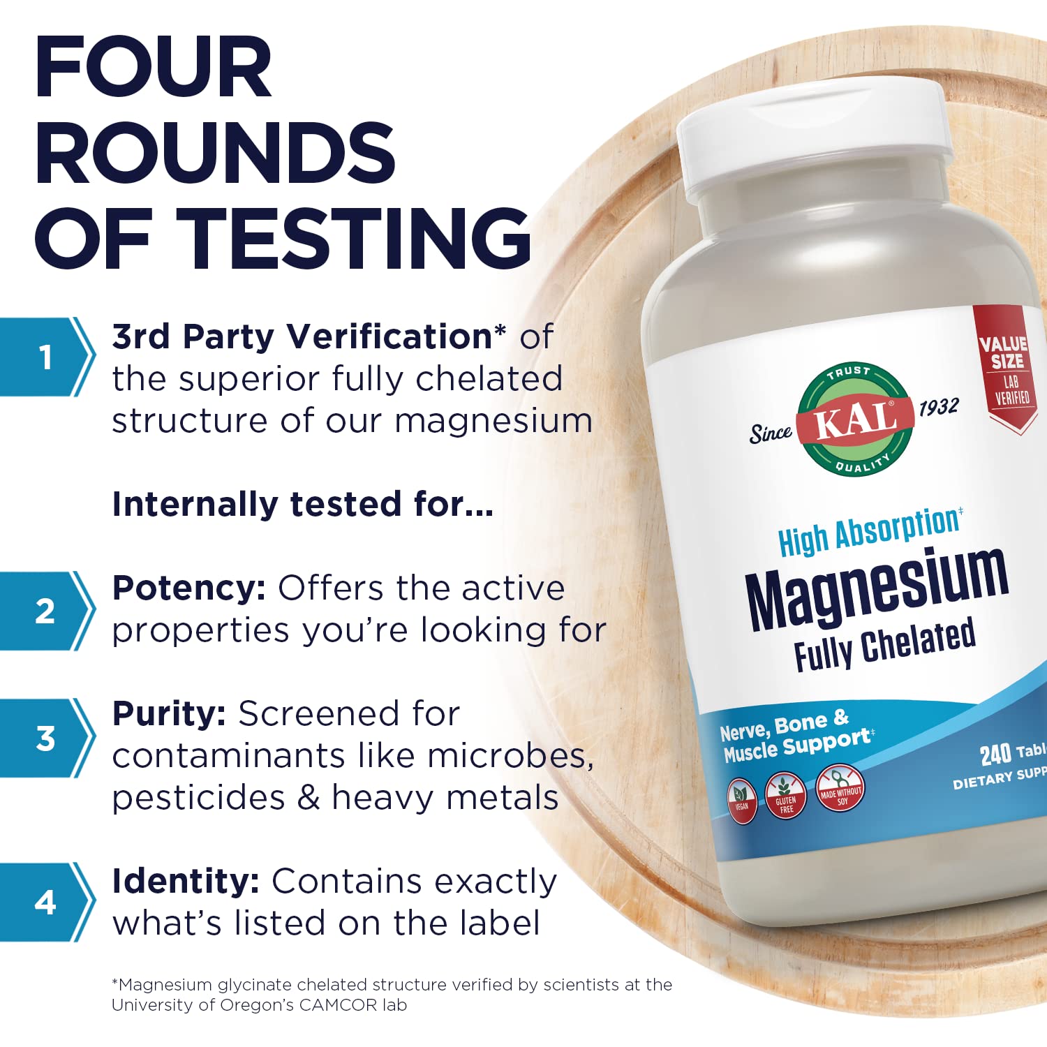 KAL Magnesium Glycinate Tablets, Fully Chelated, High Absorption Formula with Magnesium Bisglycinate Chelate for Nerve, Muscle & Bone Health Support, Vegan, Gluten Free, Value Size, 240 Tablets