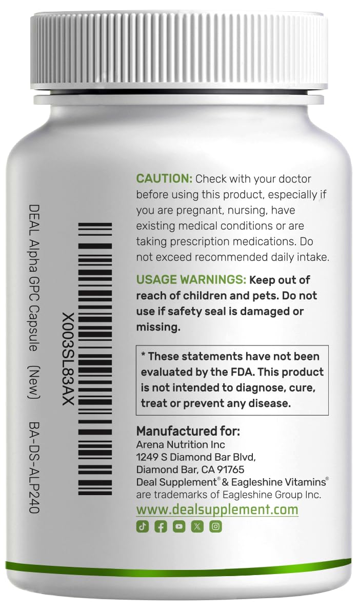 Alpha GPC 600mg Per Serving, 240 Capsules – Bioavailable Choline Replenishment –Nootropic Brain Health Supplements for Memory and Focus – Non-GMO, Gluten Free