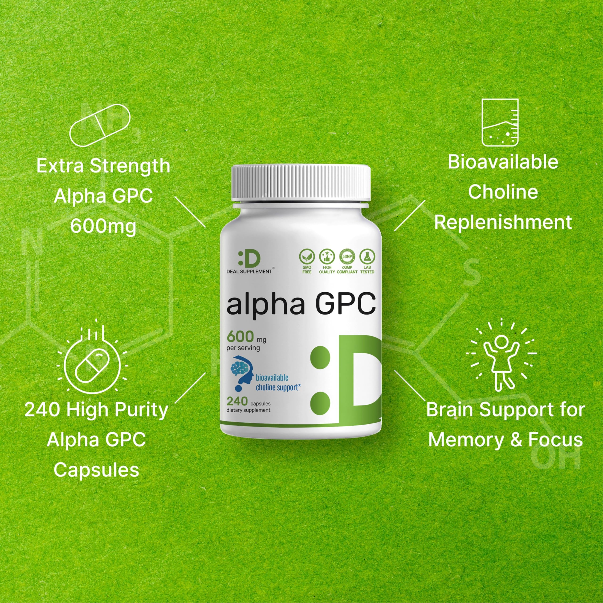 Alpha GPC 600mg Per Serving, 240 Capsules – Bioavailable Choline Replenishment –Nootropic Brain Health Supplements for Memory and Focus – Non-GMO, Gluten Free