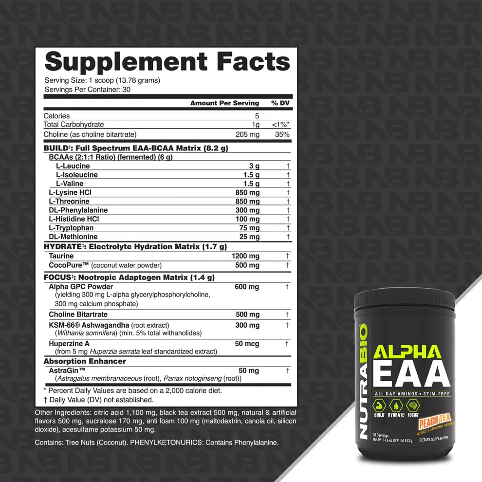 NutraBio Alpha EAA - All-Day Amino Acids for Muscle Growth and Hydration - Essential Amino Acids with Nootropics & Adaptogens- Full Spectrum EAA BCAA Powder - 30 Servings - Peach Tea